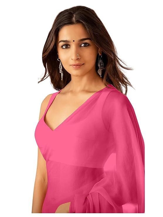 Women’s Solid Plain Georgette Saree With Unstitched Blouse Piece- Baby Pink