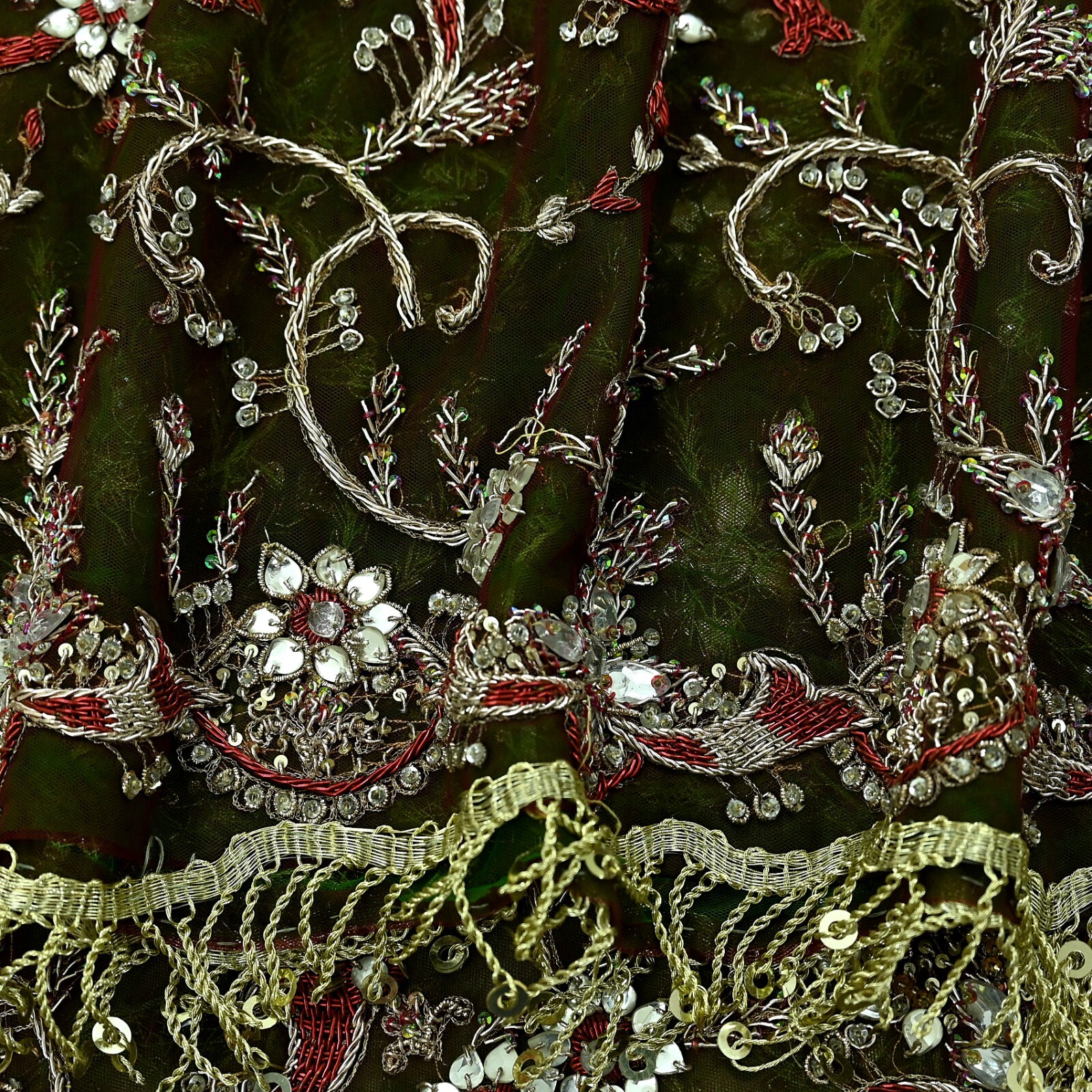 Vintage Heavy Green & Maroon Dupatta Net Mesh Long Stole Hand Embroidered Veil
