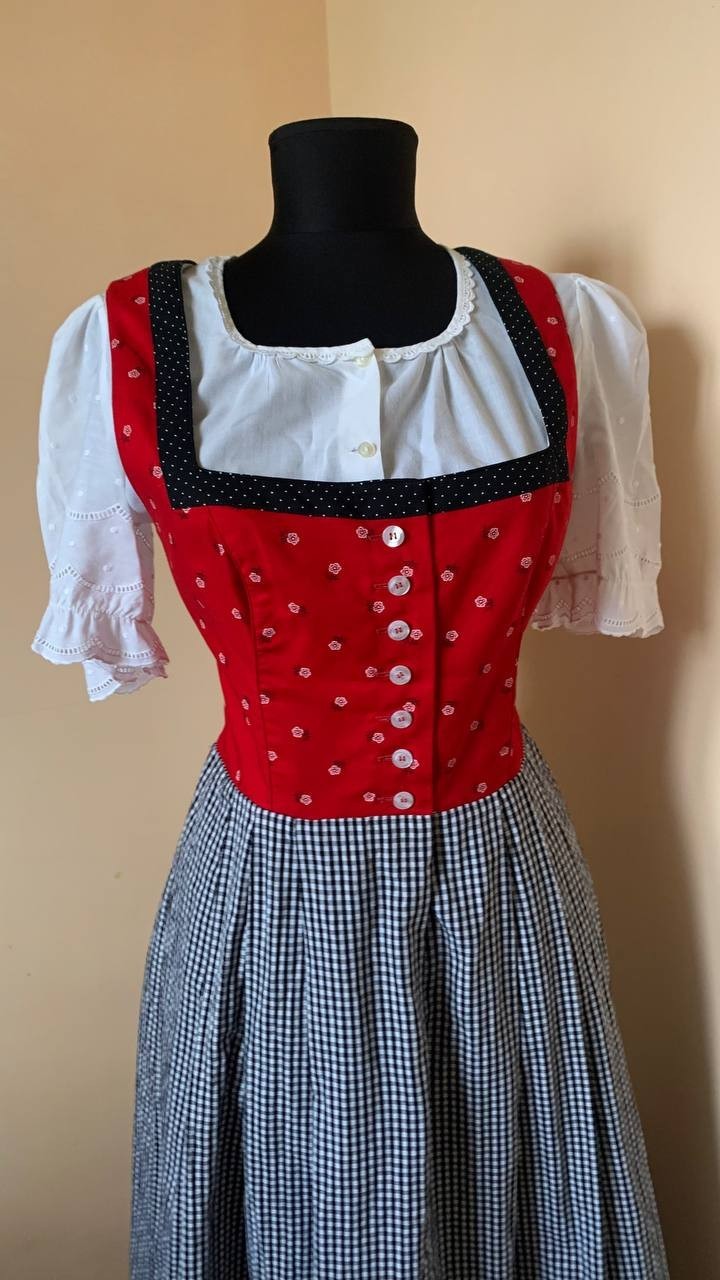 Wenger Austrian Style Dirndl Dress Red Gingham Trachten Midi Oktoberfest EU 40
