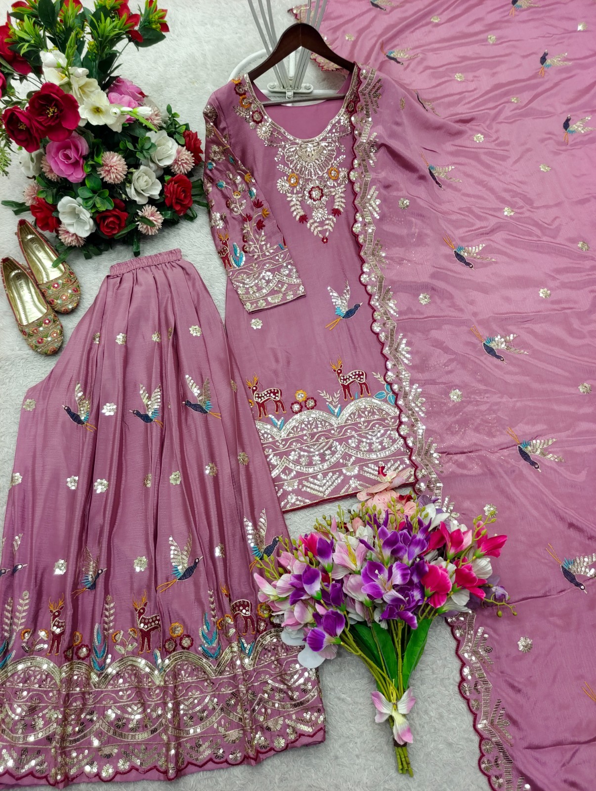 Beautiful Chinon Silk Pink Top Palazzo With Dupatta For Indian Wedding Wear