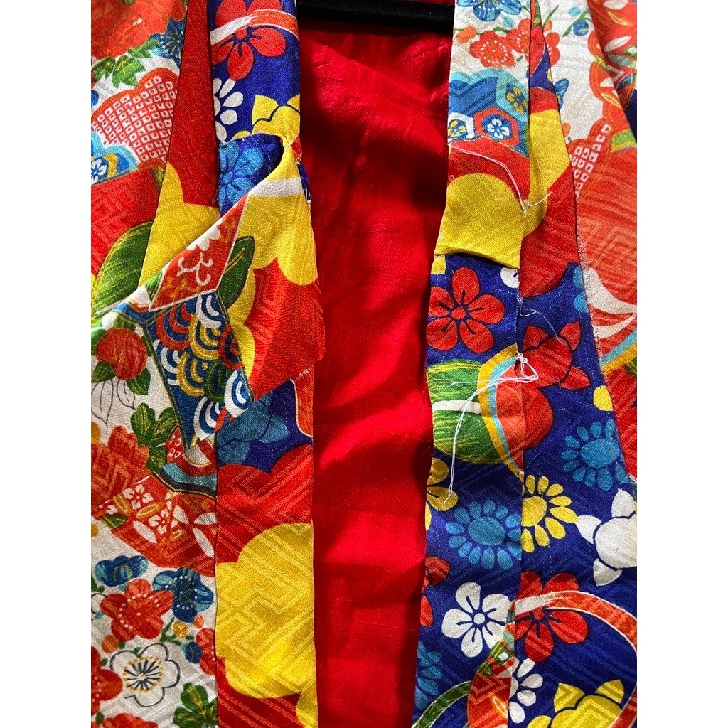 Vintage 70s Handmade Kimono Robe Japanese Childrens Multicolor Floral Fruit