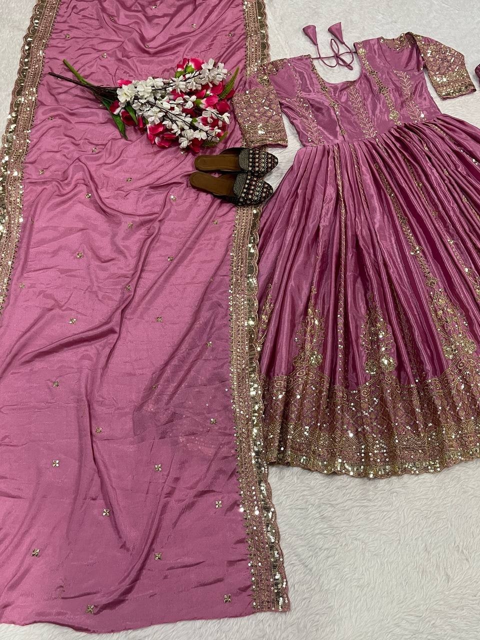 Exclusive Dusty Pink Heavy Chinon Silk Gown Bottom And Dupatta For Reception