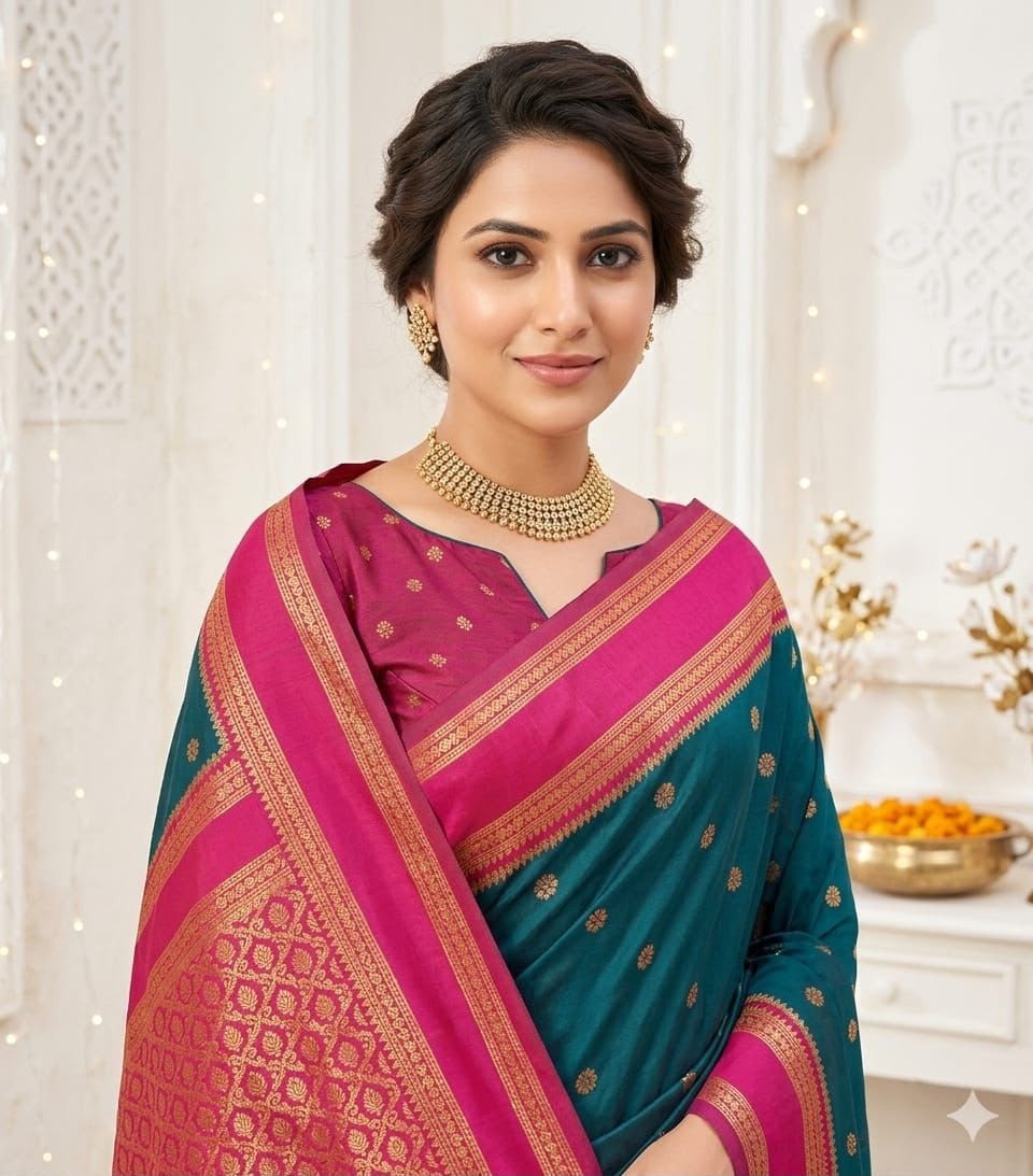 Banarasi Soft Lichi Silk Saree Rich Pallu Jacquard Work Exclusive Border Blouse