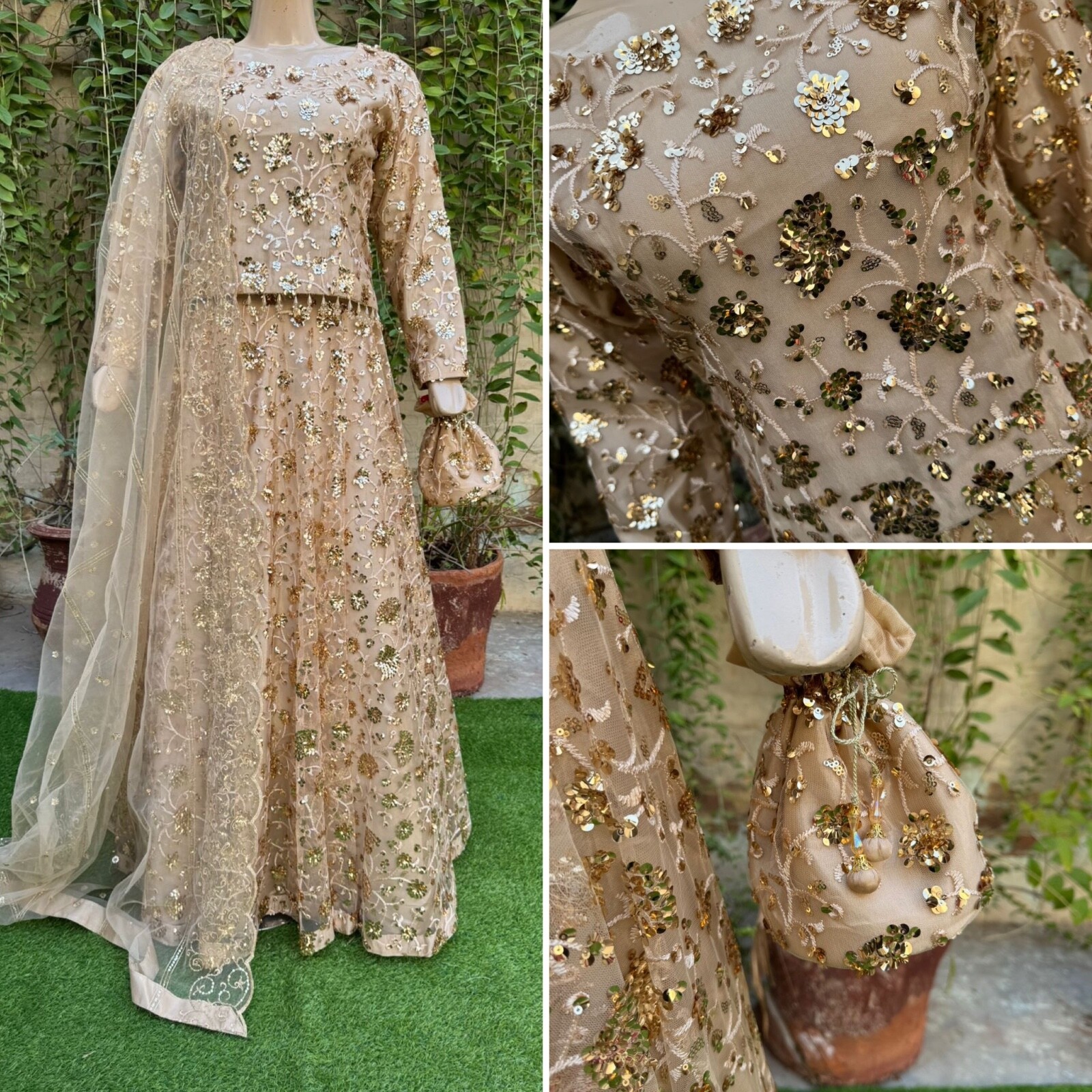 Pakistani Beige Straight Style Embroidered Sequins soft net Lehenga Dress,M