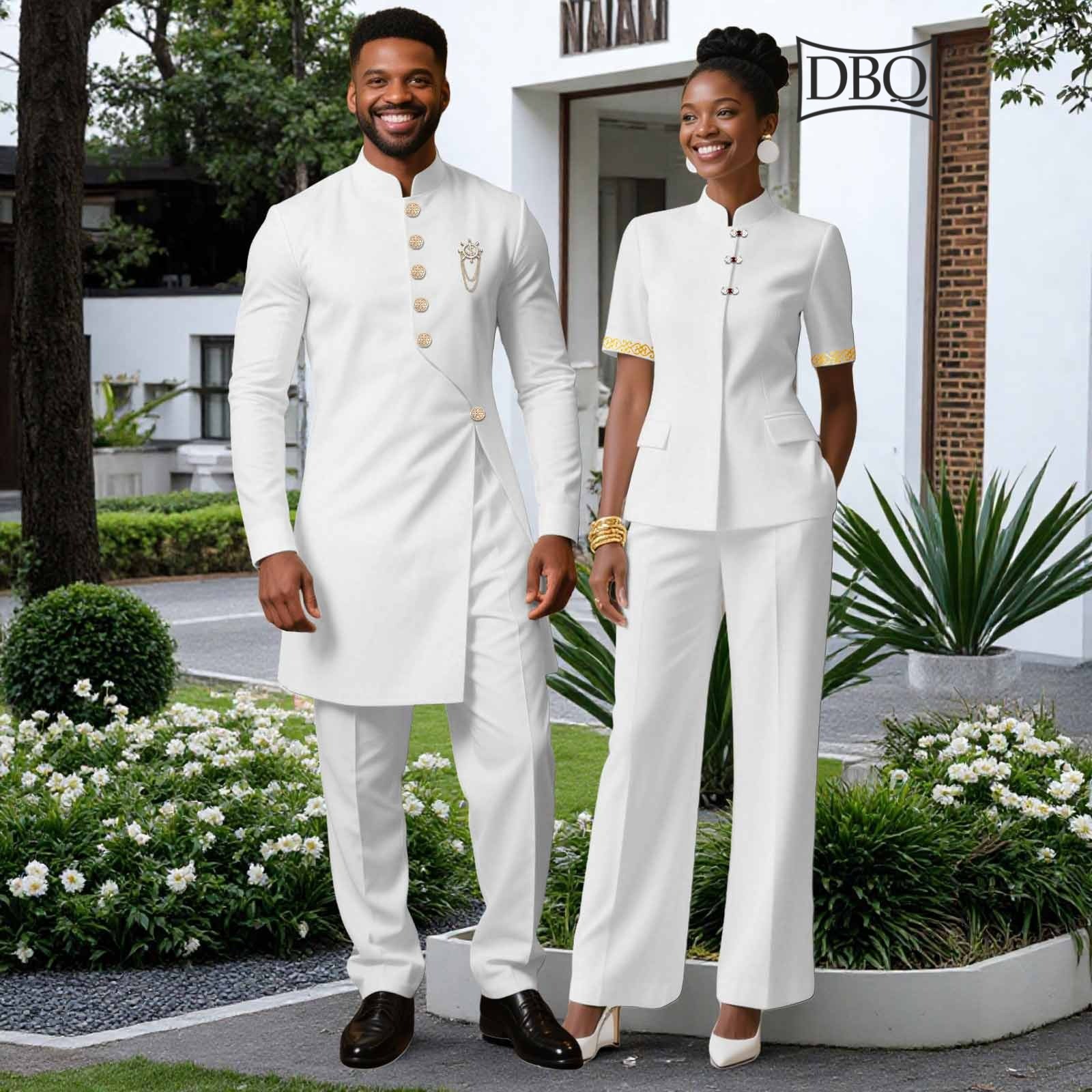 African Couple Matching Wedding Clothes Men and Women Jacket Slim Pants Set