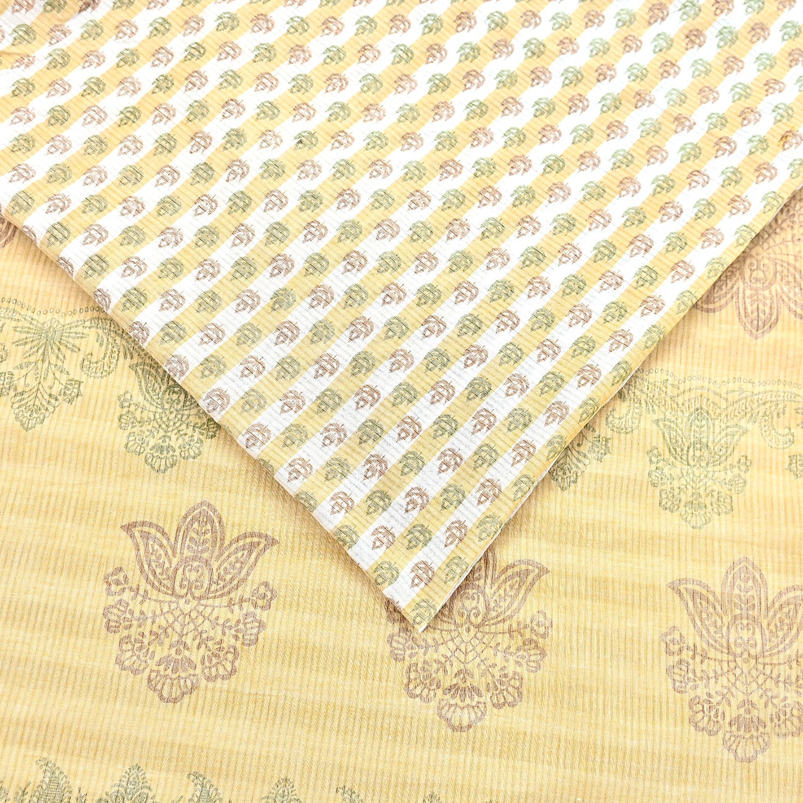 Indian Vintage Sari White & Beige Printed Pure Cotton Sarees Craft Fabric 5YD