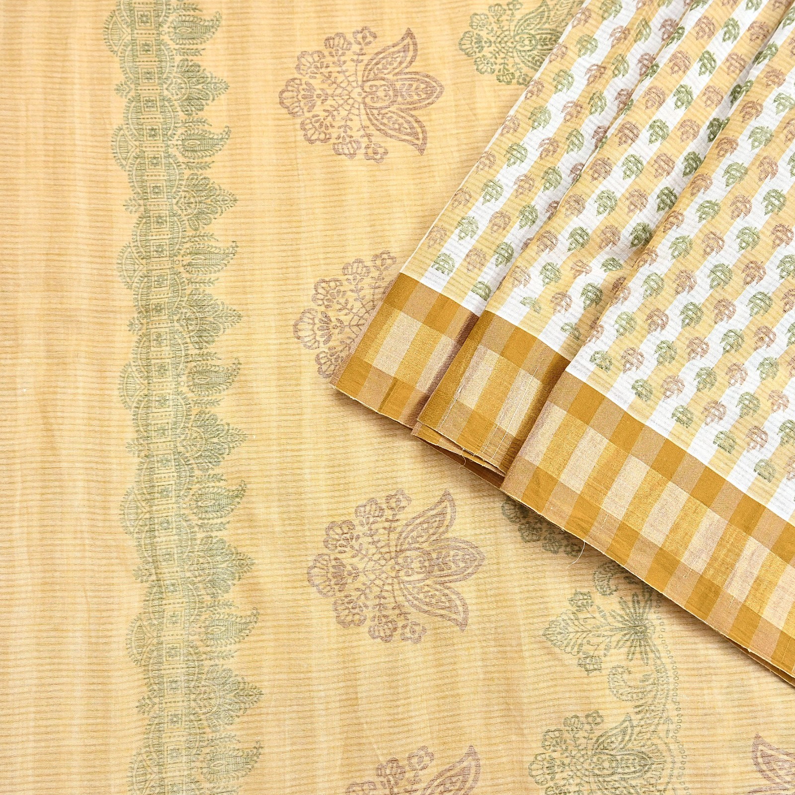 Indian Vintage Sari White & Beige Printed Pure Cotton Sarees Craft Fabric 5YD