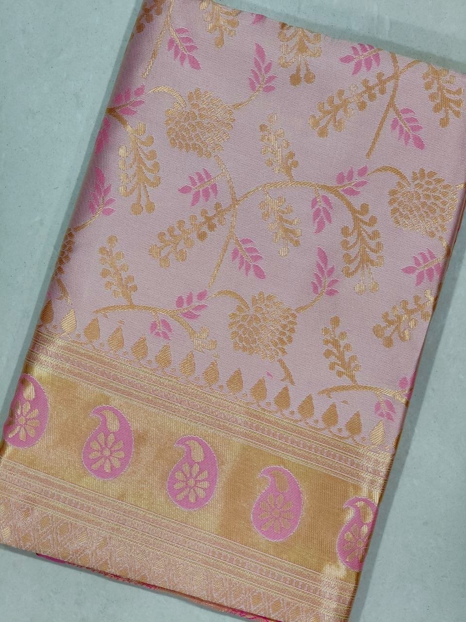 Wedding Wear Golden Beige Pink Lichi Silk Saree Jacquard Weaving Indian Ethnic