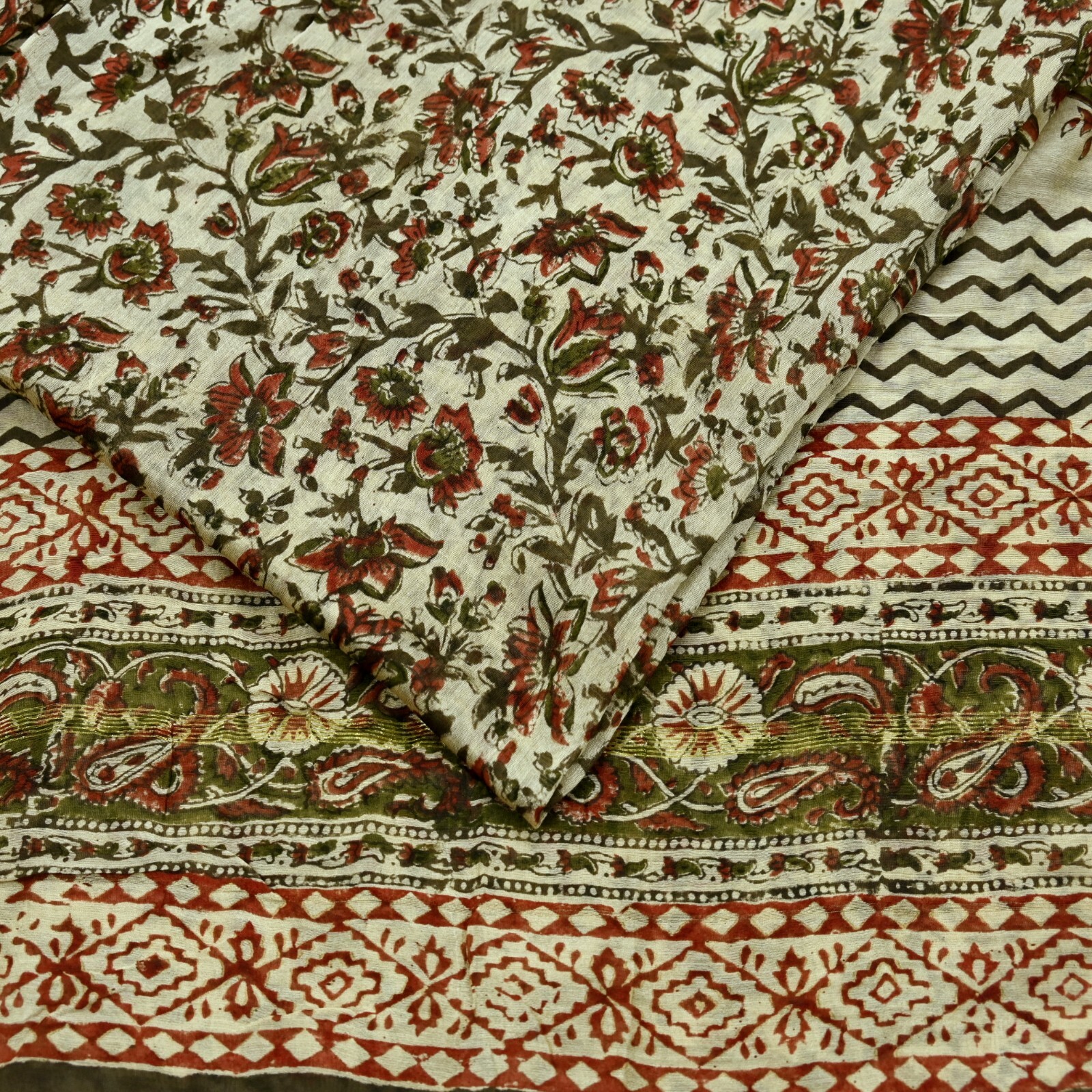 Vintage Sari Beige Block Printed Chanderi Cotton Craft Fabric 5Yd Sewing Zari