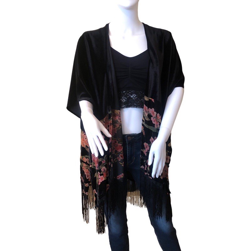 JANE & BERRY NWT Black Pink Floral Velvet Fringe Kimono Cardigan Wrap Coverup