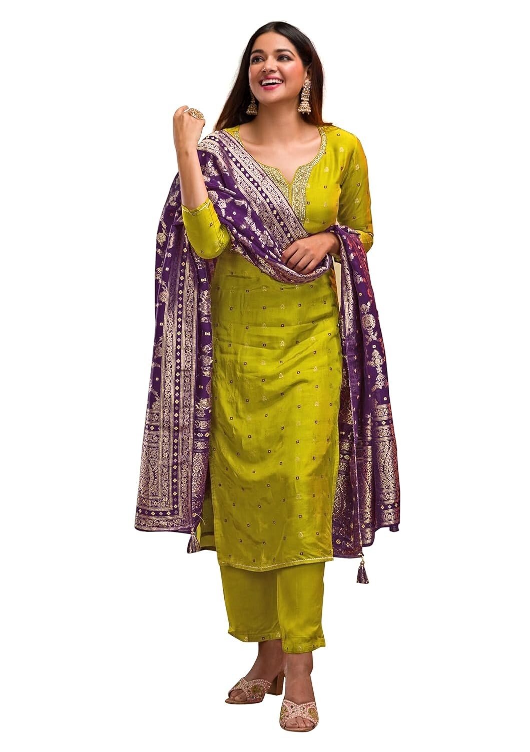 Women’s Silk Embroidery Kurta Pant Set with Banarasi Dupatta