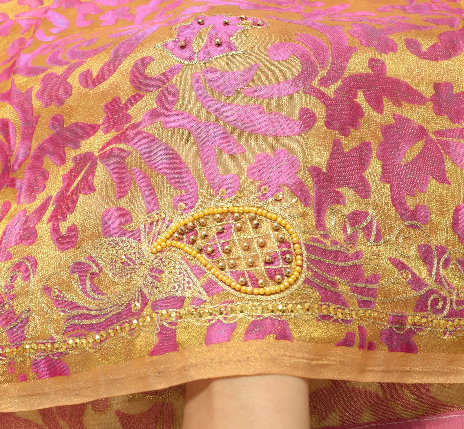 Sushila Vintage Golden & Purple Saree Blend Tissue Hand Beaded Sari Craft Fabric