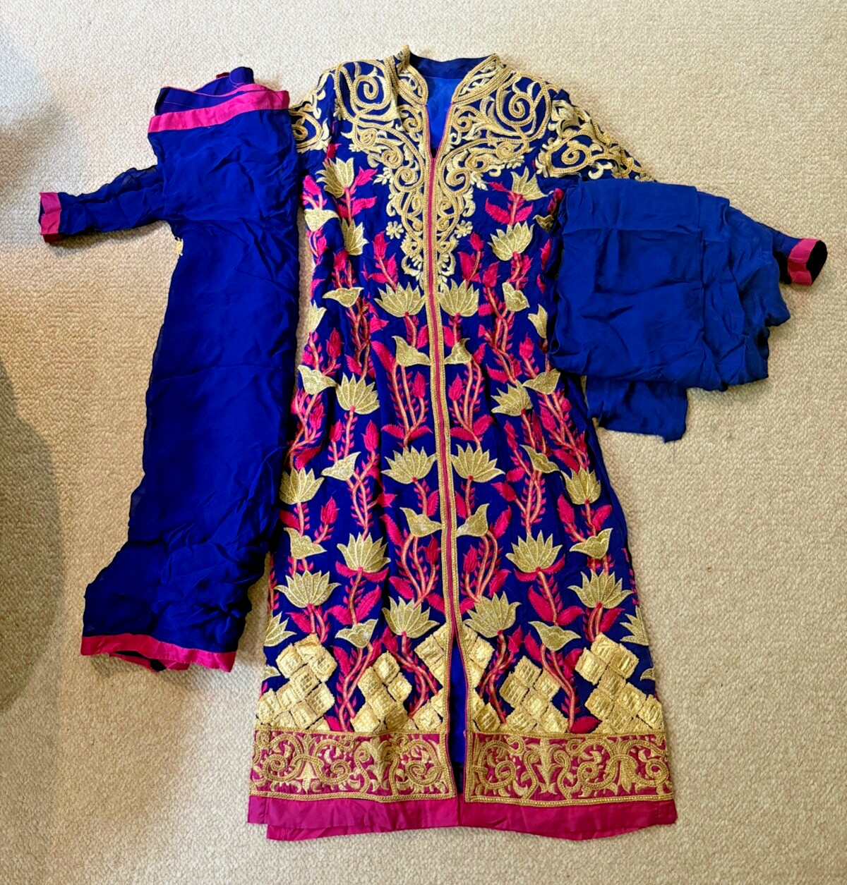 Royal Blue and Hot Pink Pakistani Style Suit with Gold Embroidery, Size 38