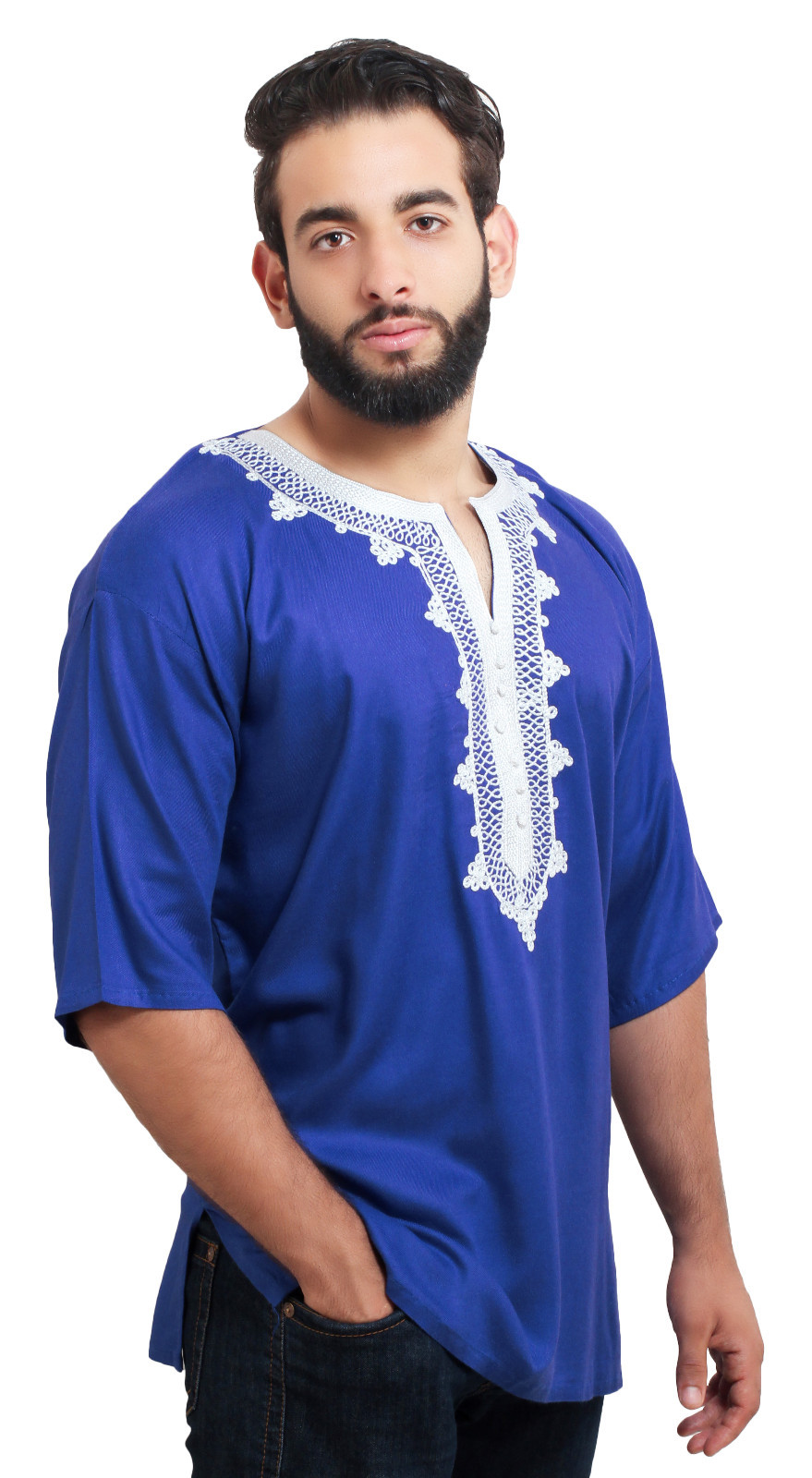 Moroccan Men Tunic Shirt Cafan Casual Handmade Embroidered Cotton Large Blue