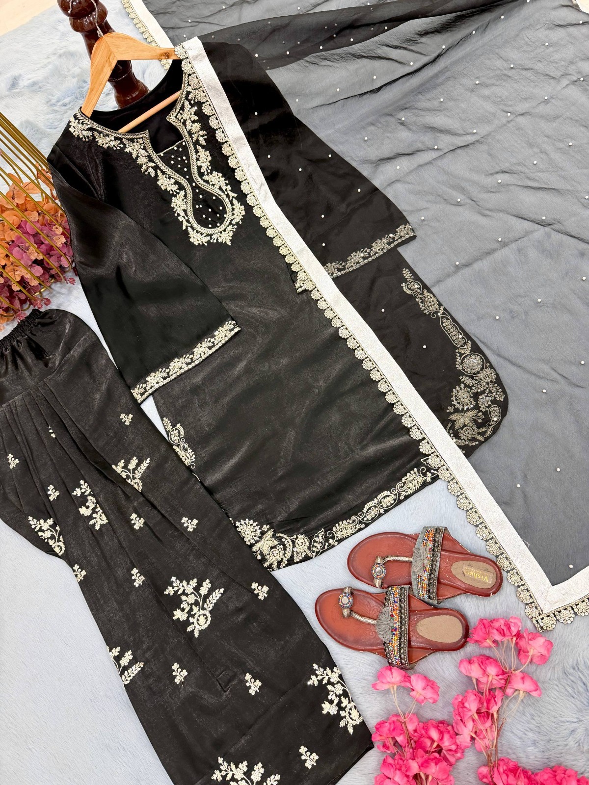 Party Wear Roman Glass Silk Salwar Kameez With Organza Silk Dupatta For Women