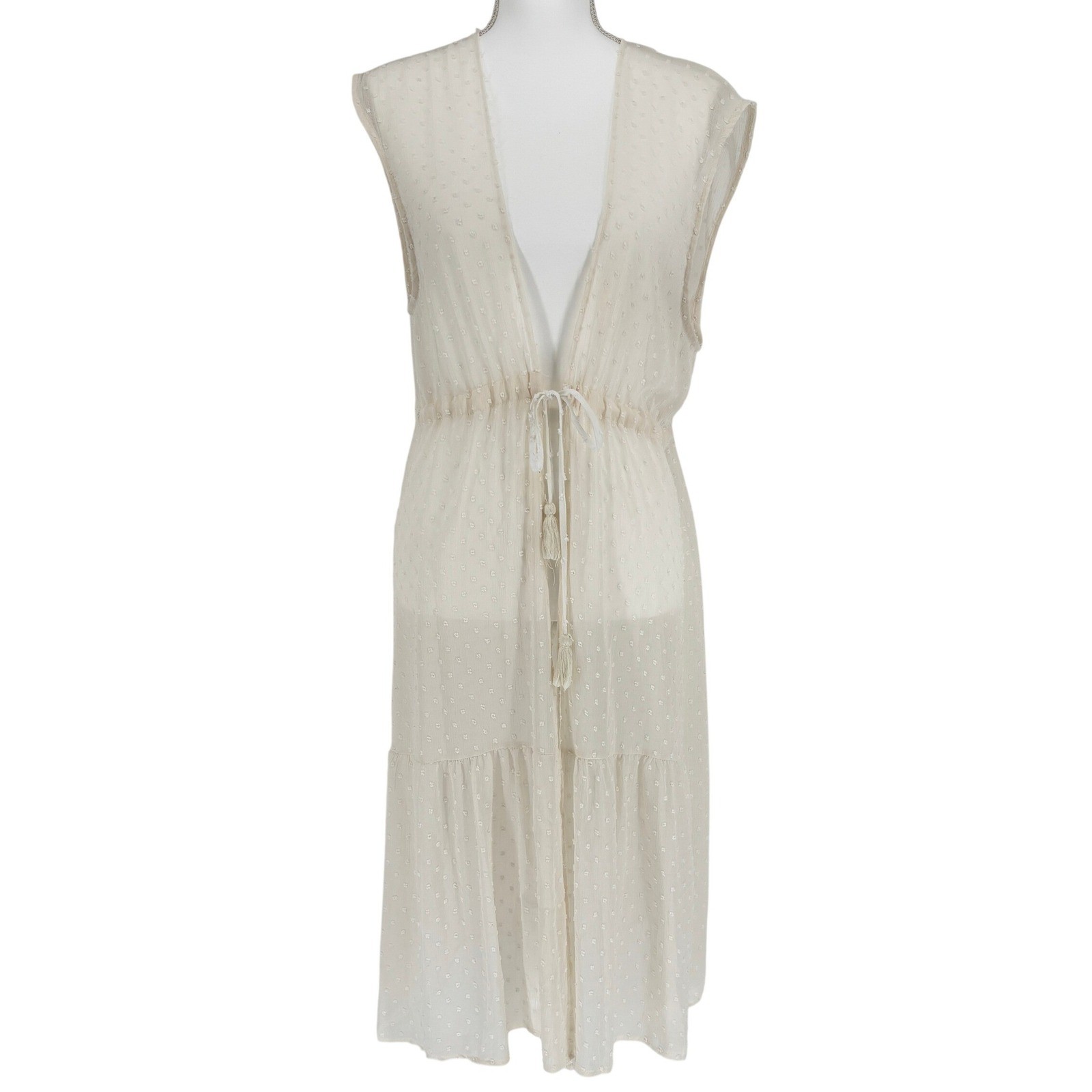 LC Lauren Conrad Cream Kimono Swiss Dot Sheer Tassel Tie Cottagecore Boho