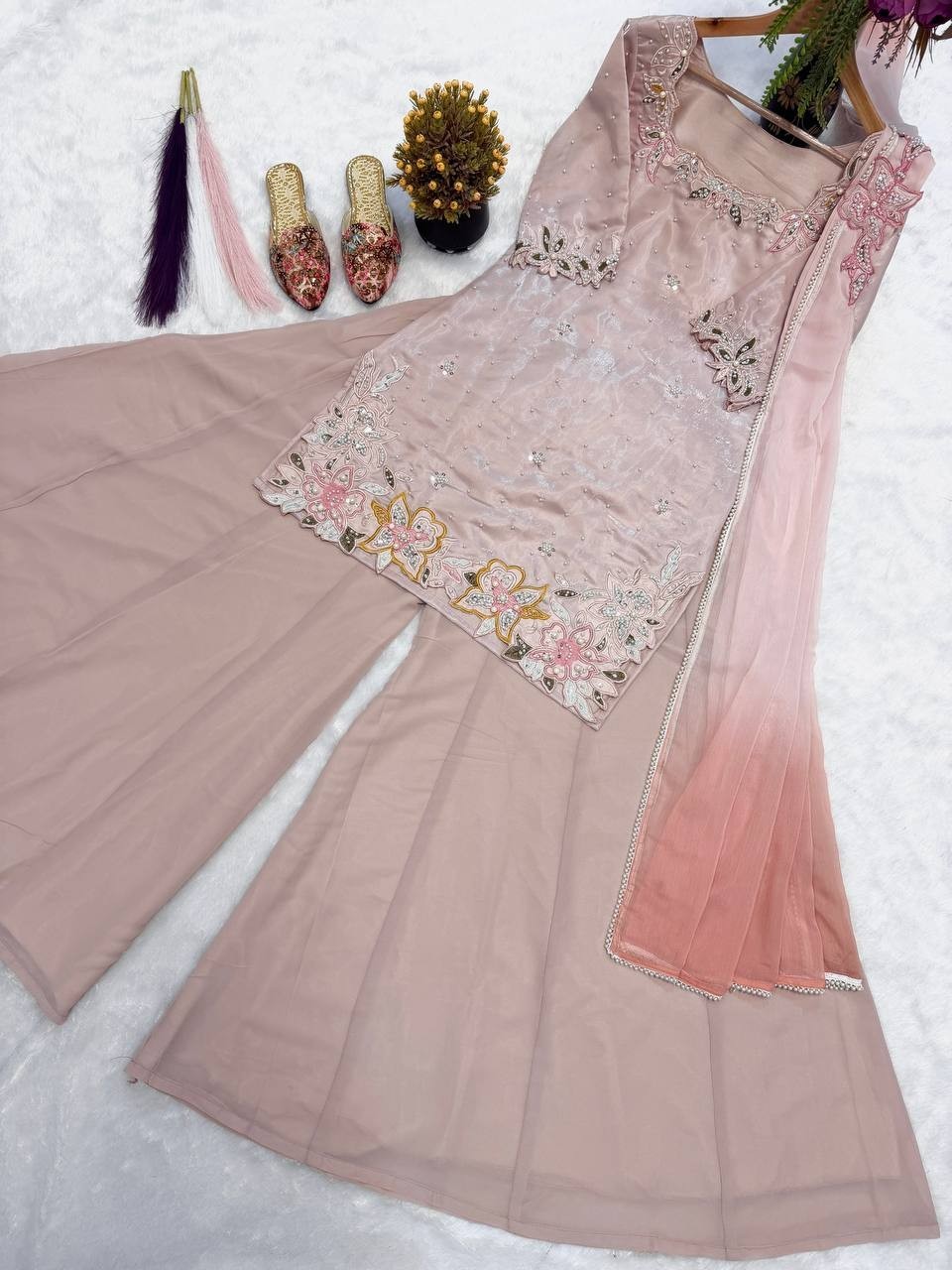 New Designer Roman Glass Silk Kurta Palazzo With Dupatta For Party Wear