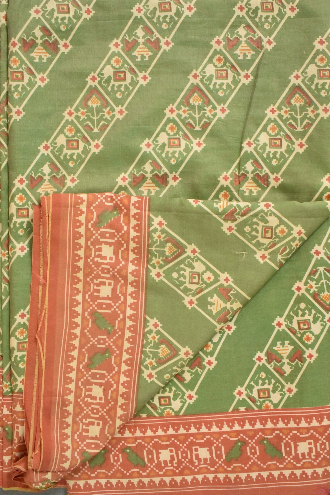 FNC Vintage Green Sambalpuri Ikat Sarees Handwoven Art Silk Sari Fabric Antique