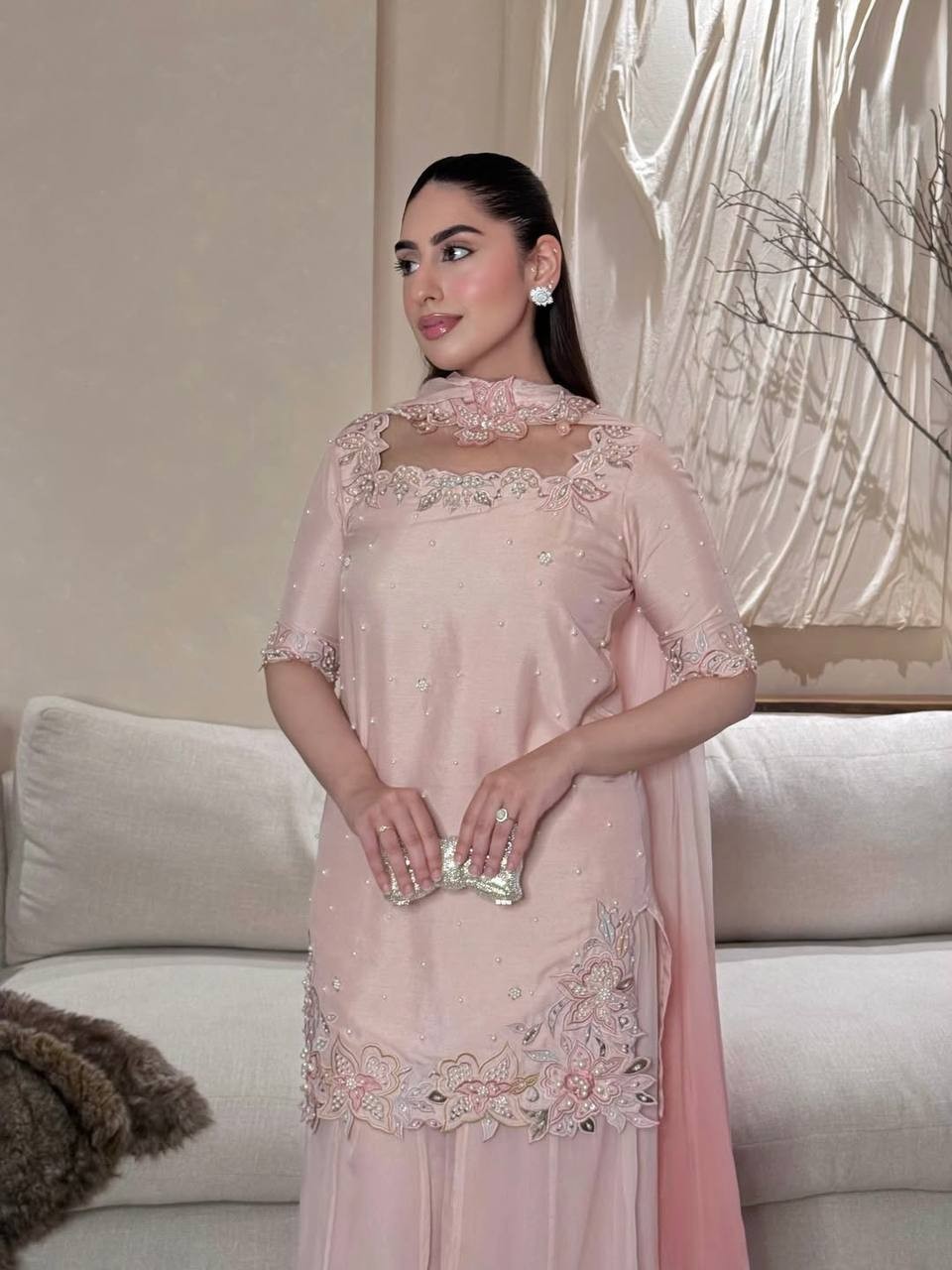 New Designer Roman Glass Silk Kurta Palazzo With Dupatta For Party Wear