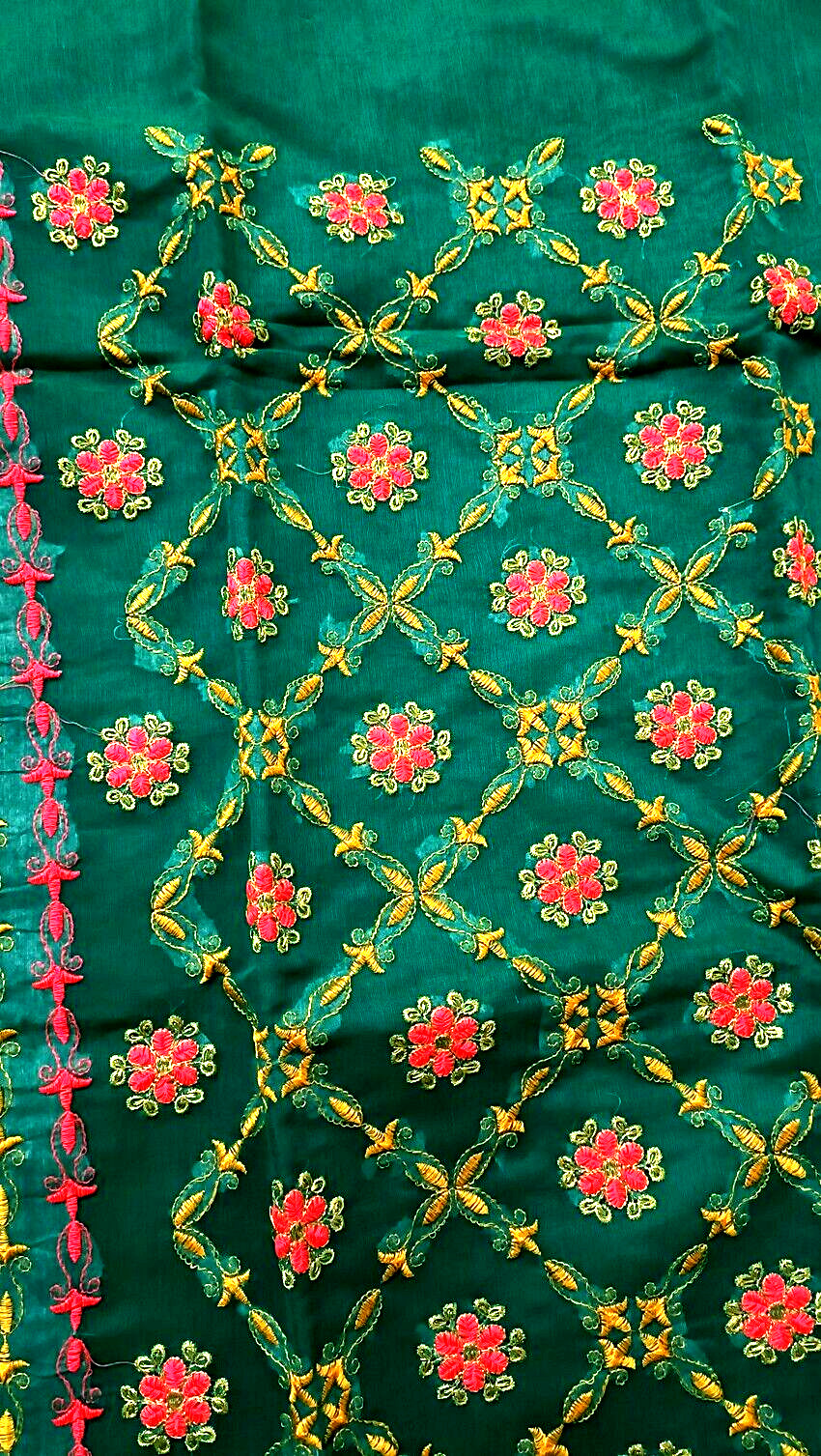 Beautiful Cotton Blend Sea Green Color Yellow Pink Golnd Flower Embroidery Saree