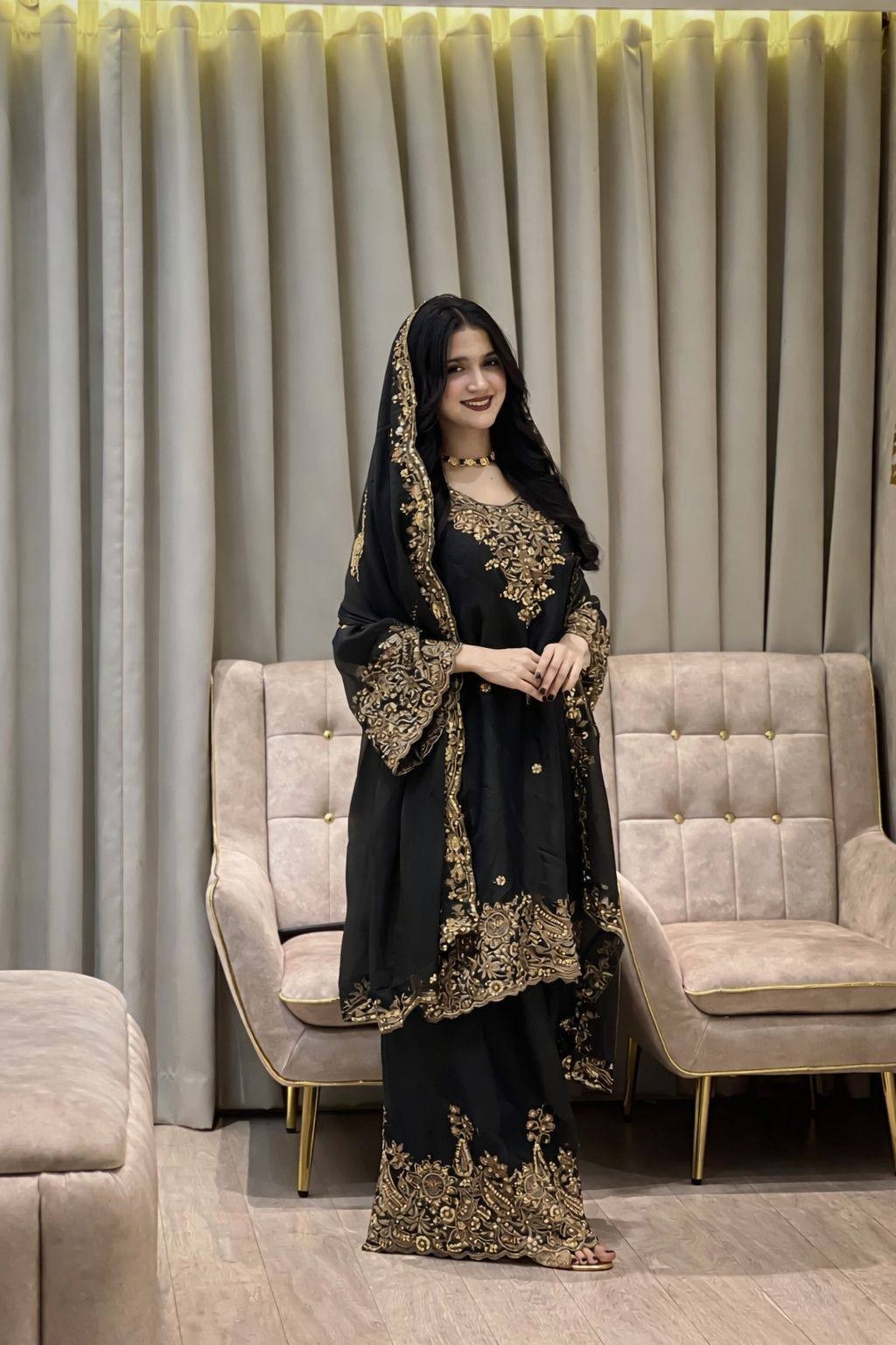 Pakistani Multi-Gold Embroidered Salwar Kameez Ready To Wear Party Wedding