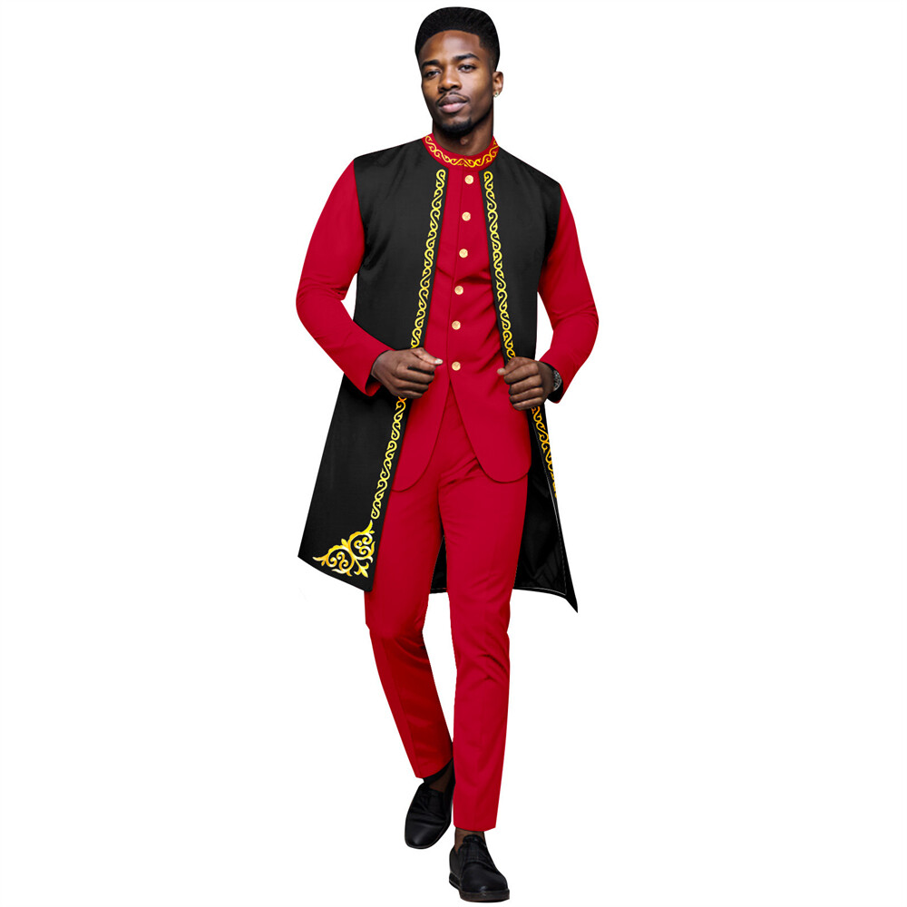 Men’s African 3 Piece Set Traditional Shirt and Pants Set Suit Middle East Suit