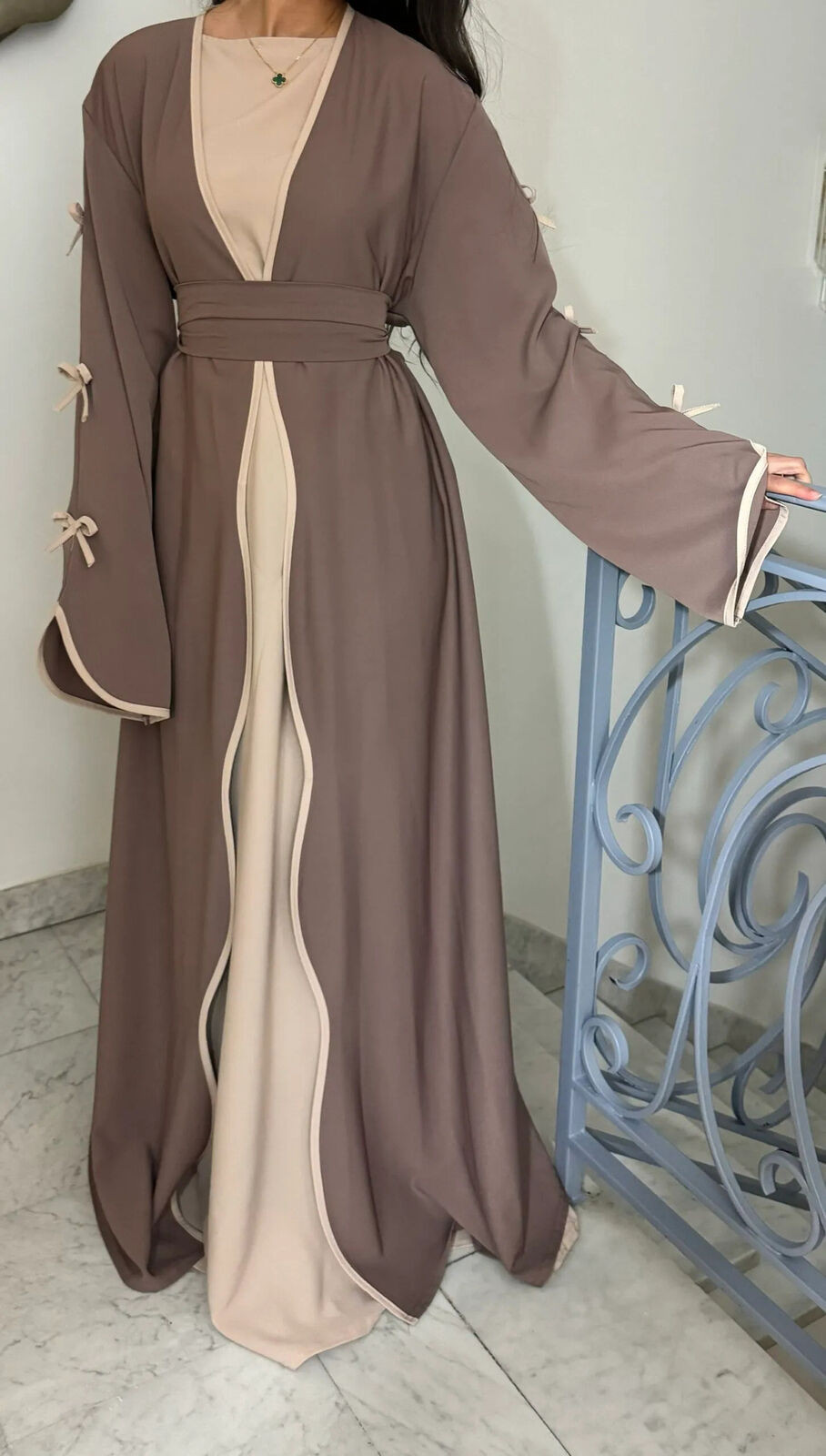 Muslim Eid Gown Modest Abaya Women Bow Batwing Sleeve Kaftan Dress Waist Robe