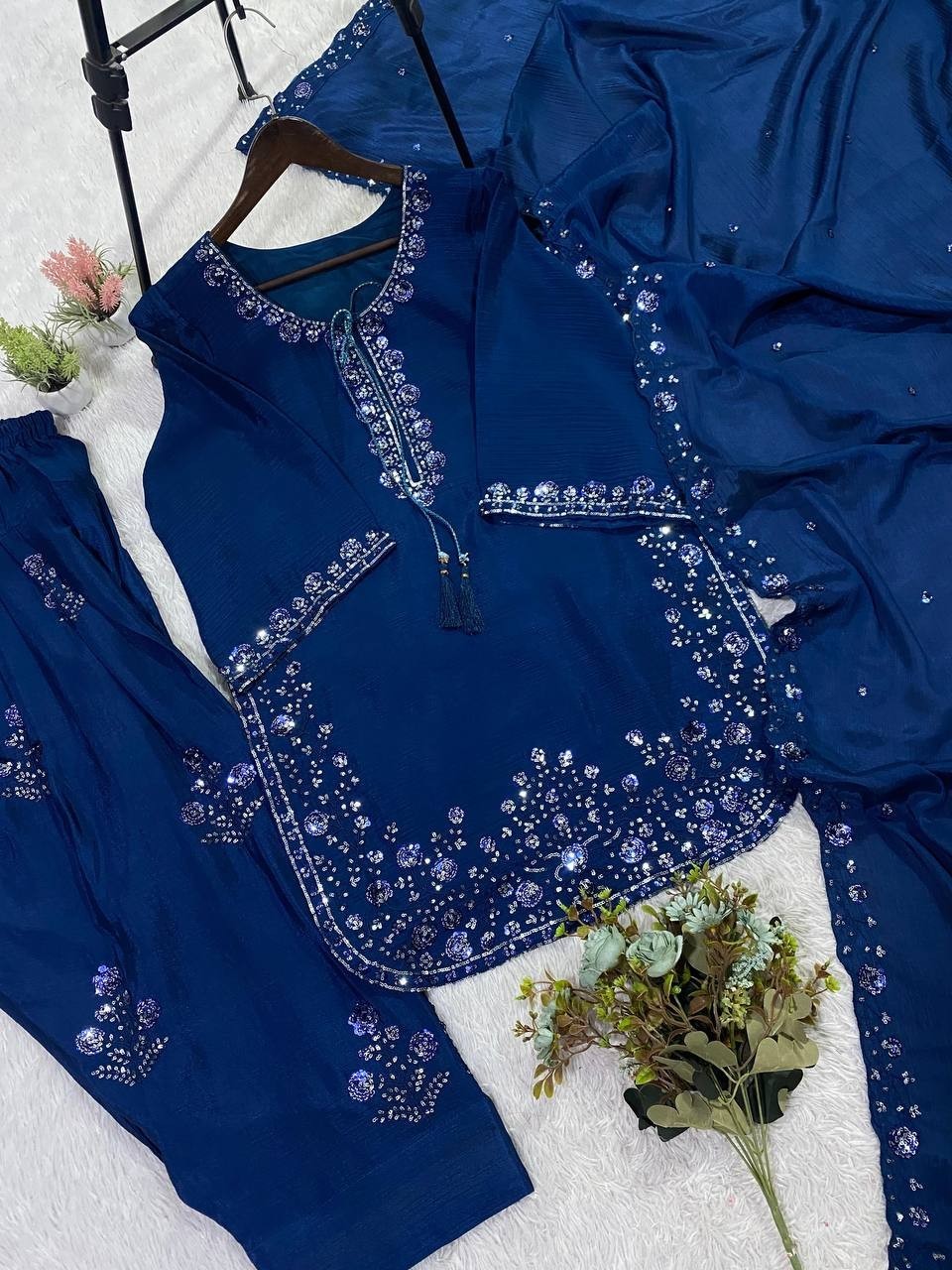 Ethnic Wear Teal Blue Chinon Top Bottom With Dupatta For Women And Girls