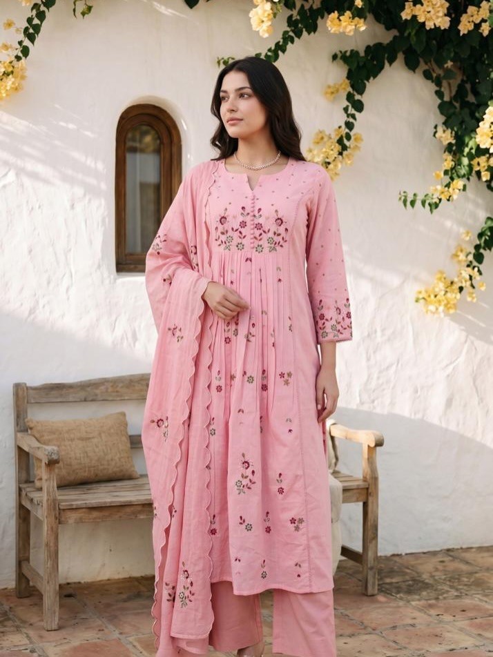 Women’s Cotton Embroidered Anarkali Kurta Pant Dupatta Set White Pink Ethnic Sui