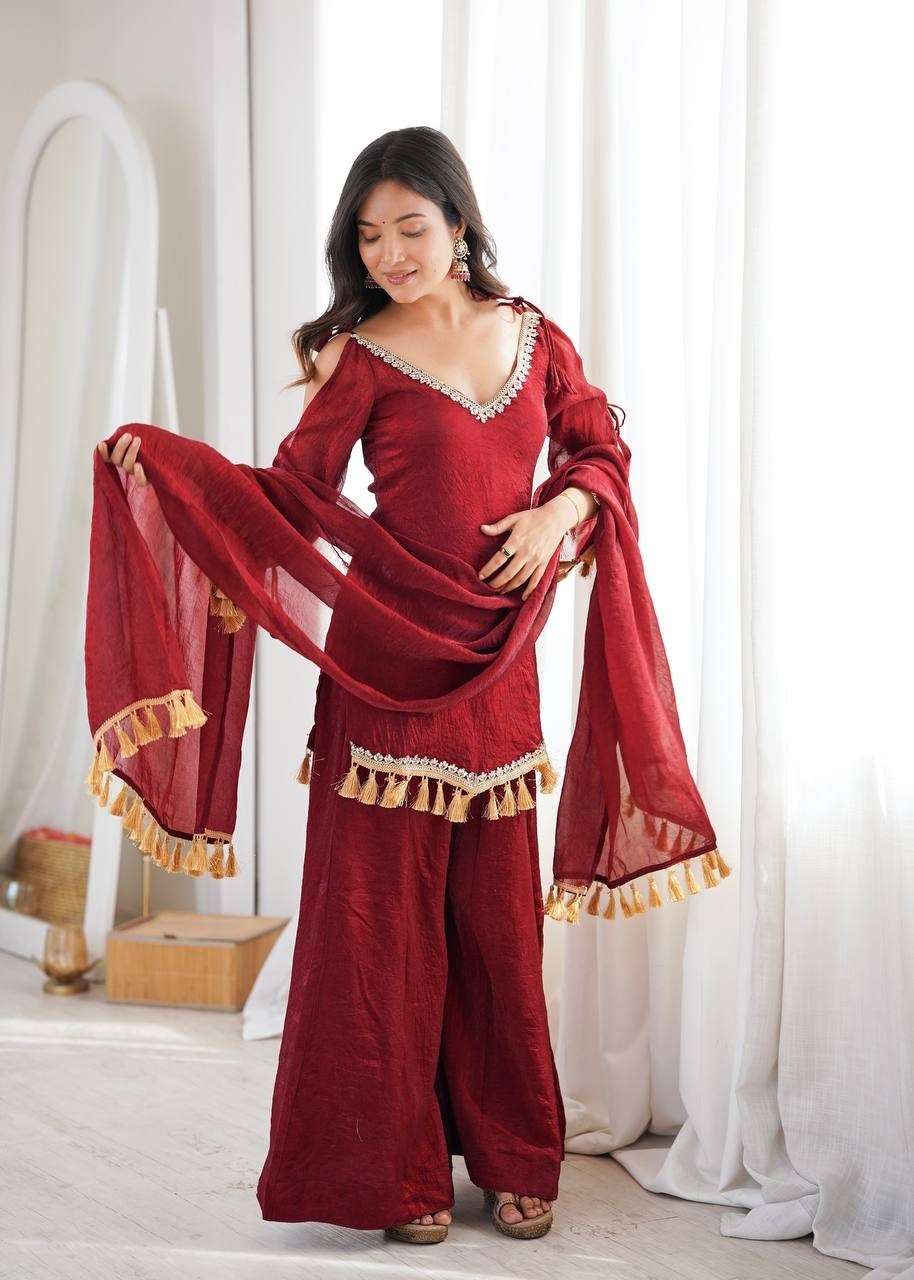 Bollywood Style Doremon Crush Maroon Top Palazzo With Dupatta For Reception