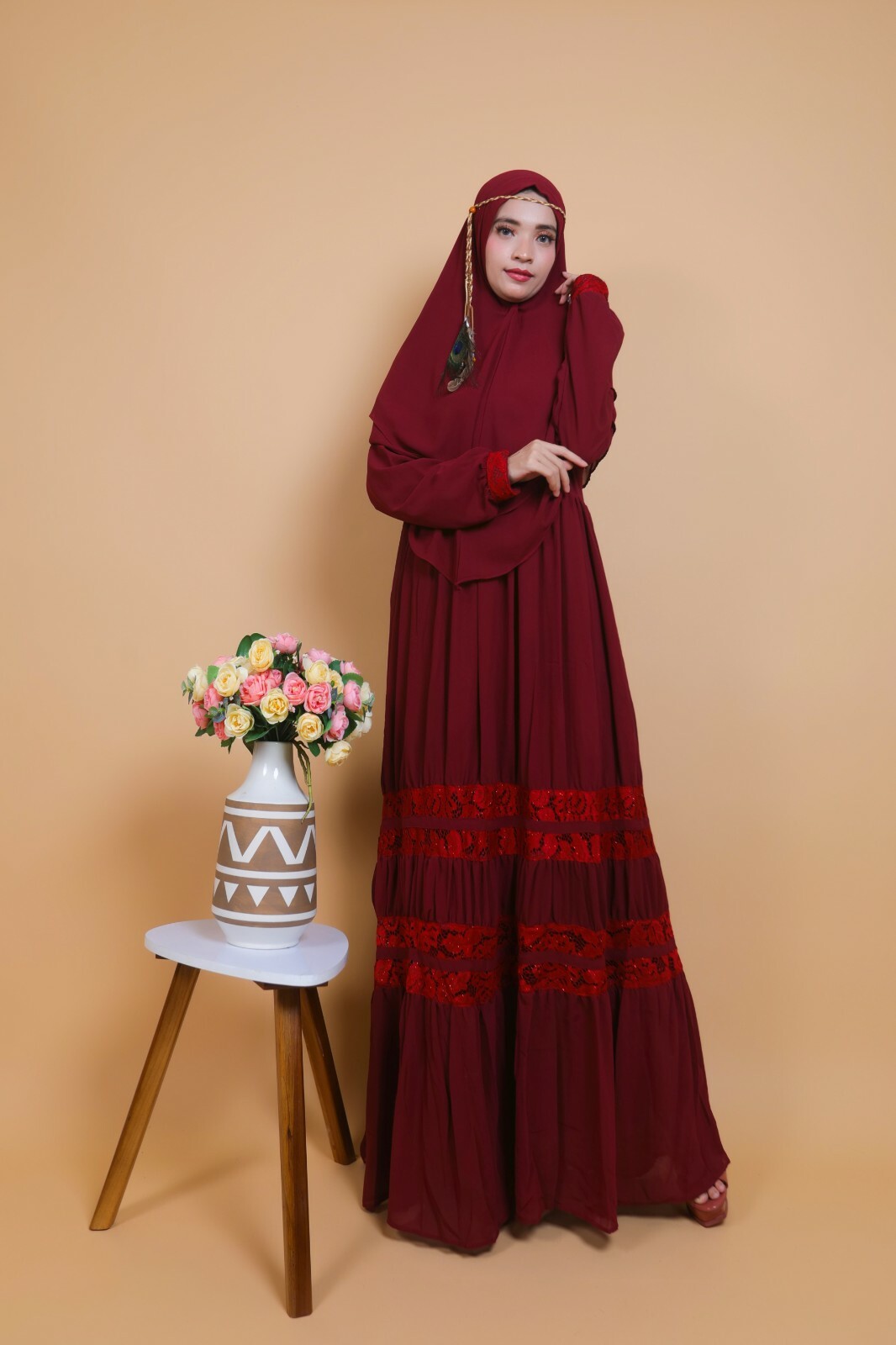 Elegant dark red Long khimar, stylish jilbabs, franch khimar, muslim cover dress