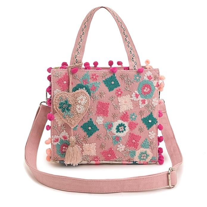 Boho Girl Mini Tote Bag for Women Whimsical Jacquard Handbag Adjustable Strap
