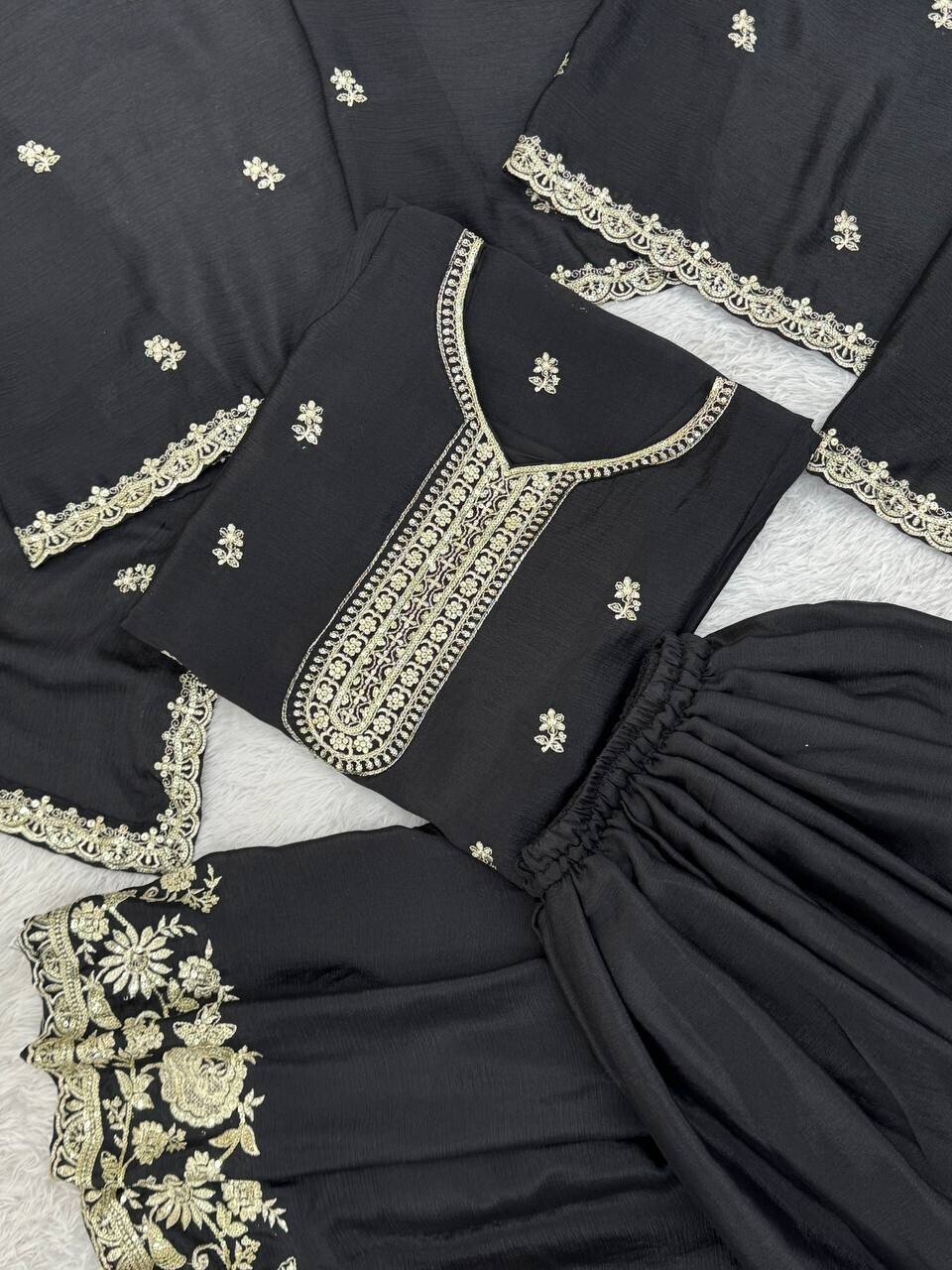 Beautiful Black Chinon Silk Kurta Palazzo With Dupatta For Reception & Party
