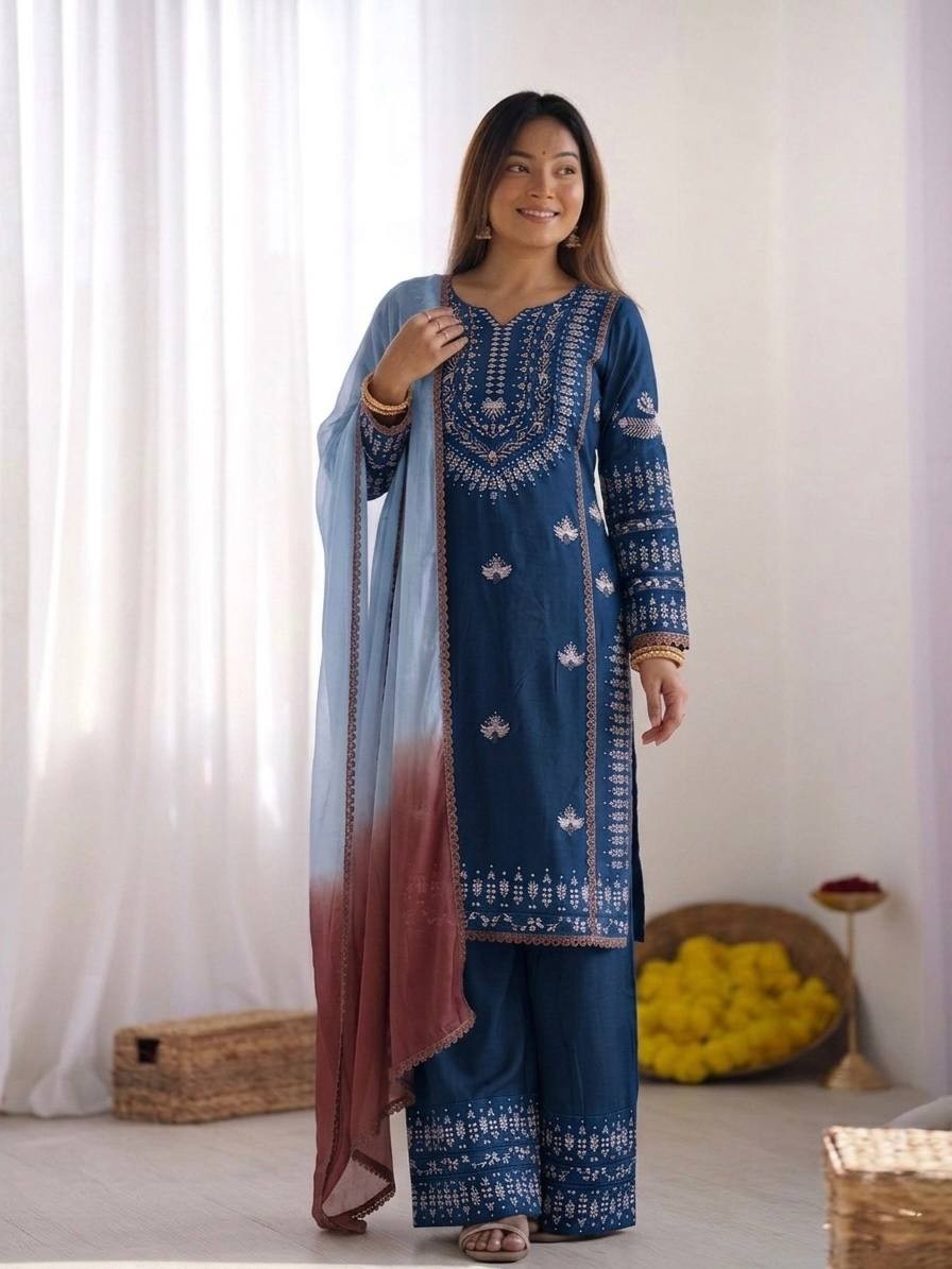 Designer Rayon Cotton Blue Salwar Kameez With Dupatta For Indian Party Wear