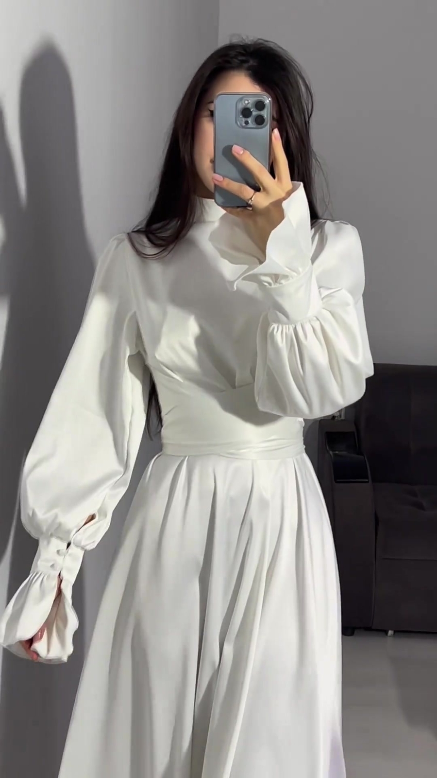 Women Long Dress Lantern Sleeves High Neck Party Plain Color Gown Lace Up Dress