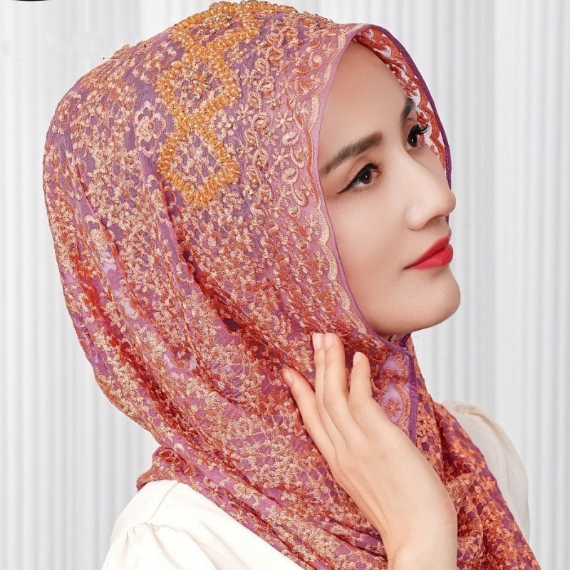 New Silk Hijabs Women Malaysia Wrap Cap Muslim Print Bead Scarf Hair Cover Shawl