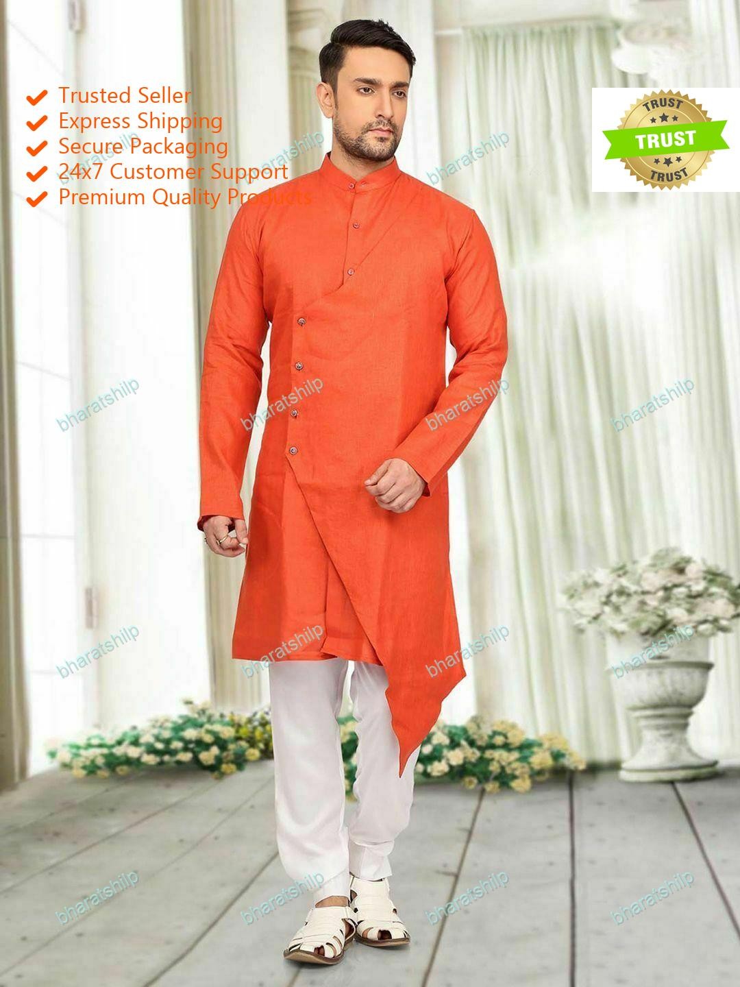 Mens Kurta only Orange Color Traditional Clothes Mens Kurta Button Dress