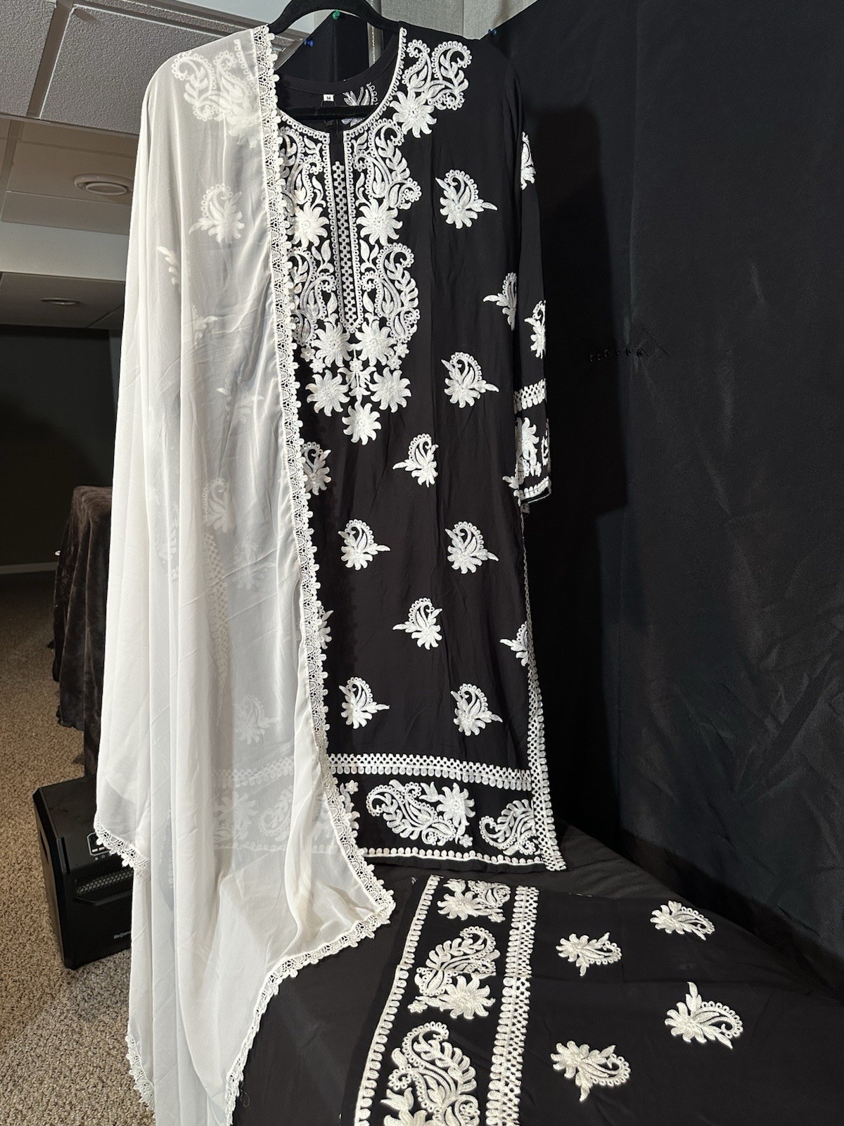 Beautiful soft linen Front & back emb-3 pc suit-emb plazo, laced dupatta-$44