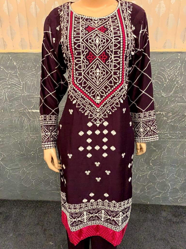 Pakistani Dark Purple Printed Straight Shirt 3pcs linen Suit w/ Threadwork ,L