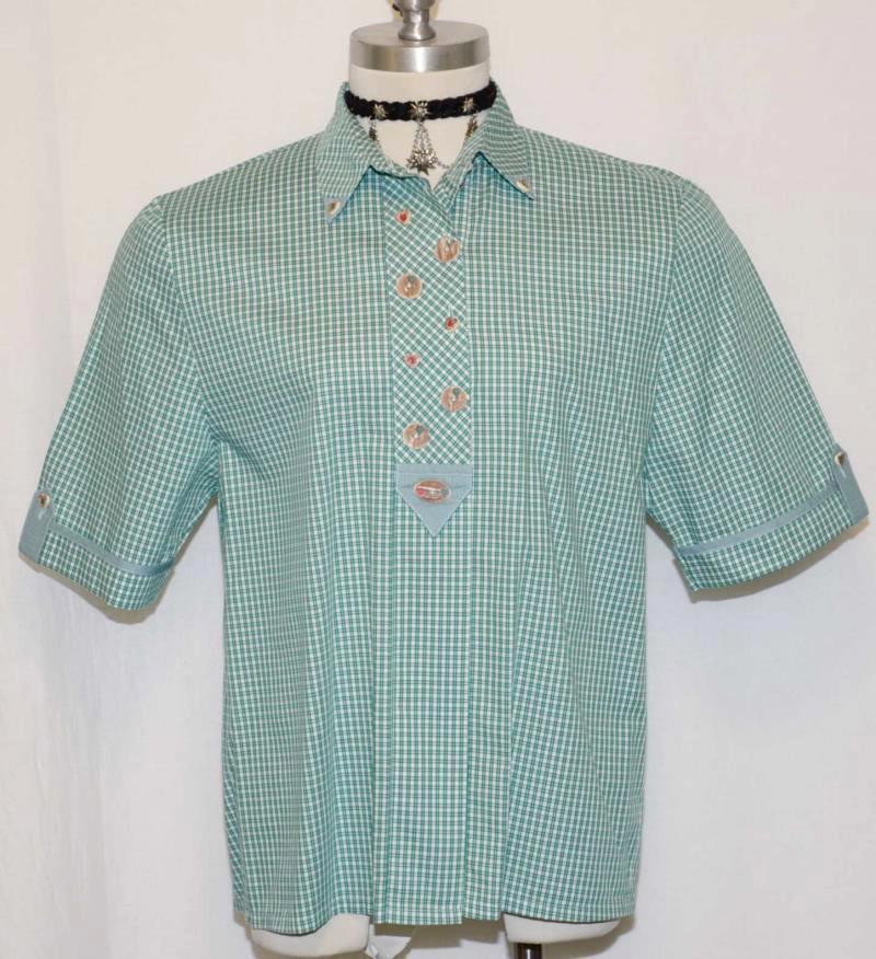 GREEN & WHITE ~ COTTON German SHORT SLEEVE Summer Western Shirt BLOUSE/B42″/14 L
