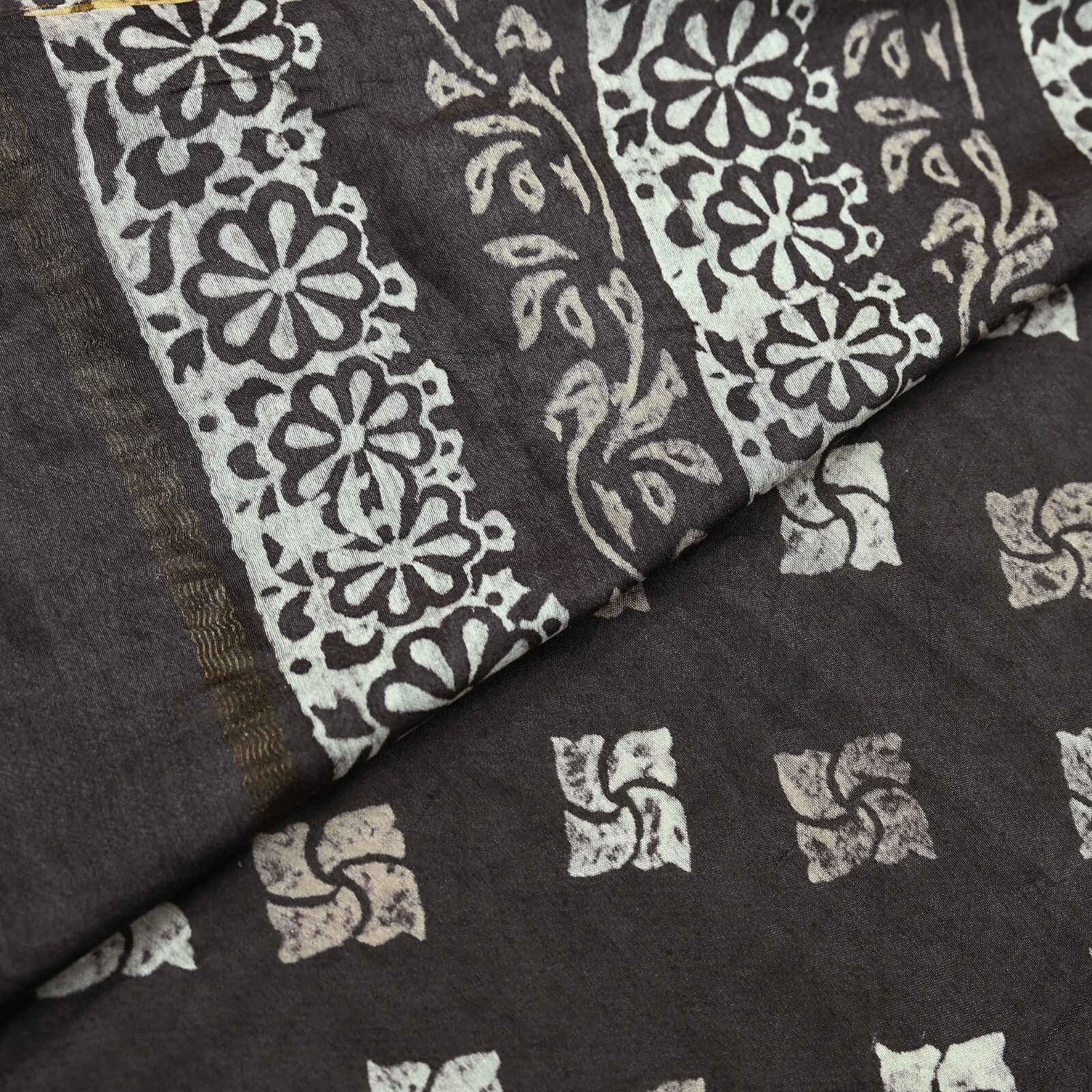 Indian Vintage Sari Brown & Ivory Pure chanderi Silk Block Printed Sarees Fabric