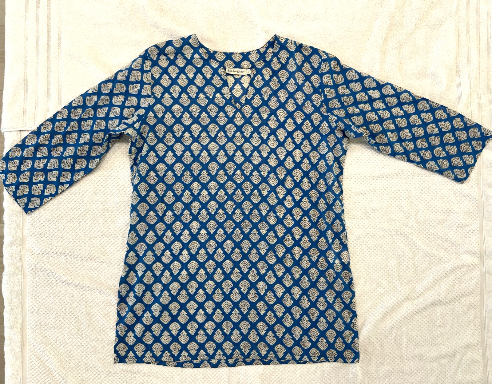 Mahogany Womens Kurta Tunic shirt top 100% Cotton Shell Print v-neck LARGE