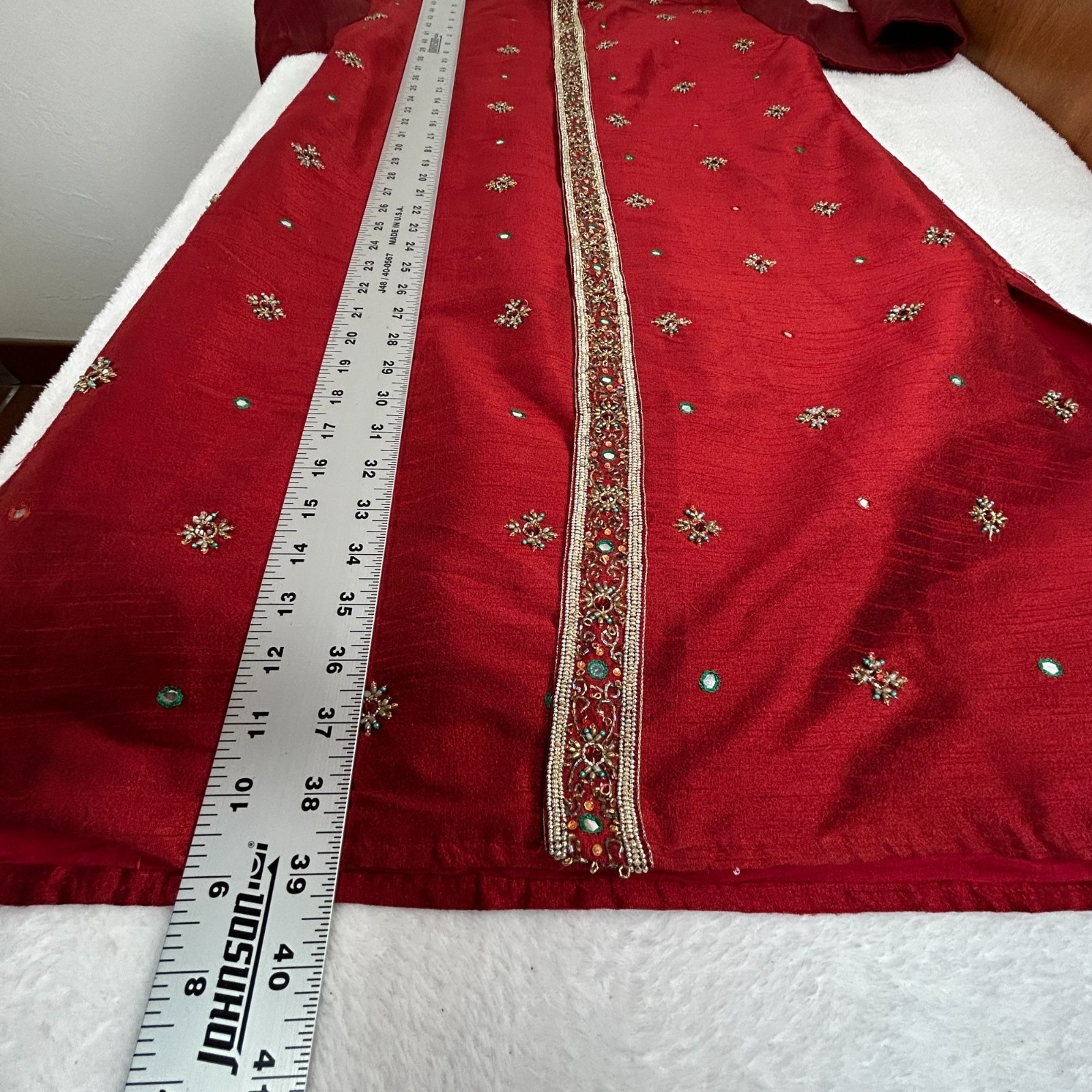 Vintage Satellite Mens Red Embellished Long Kurta Size 14 Long Sleeve Pockets