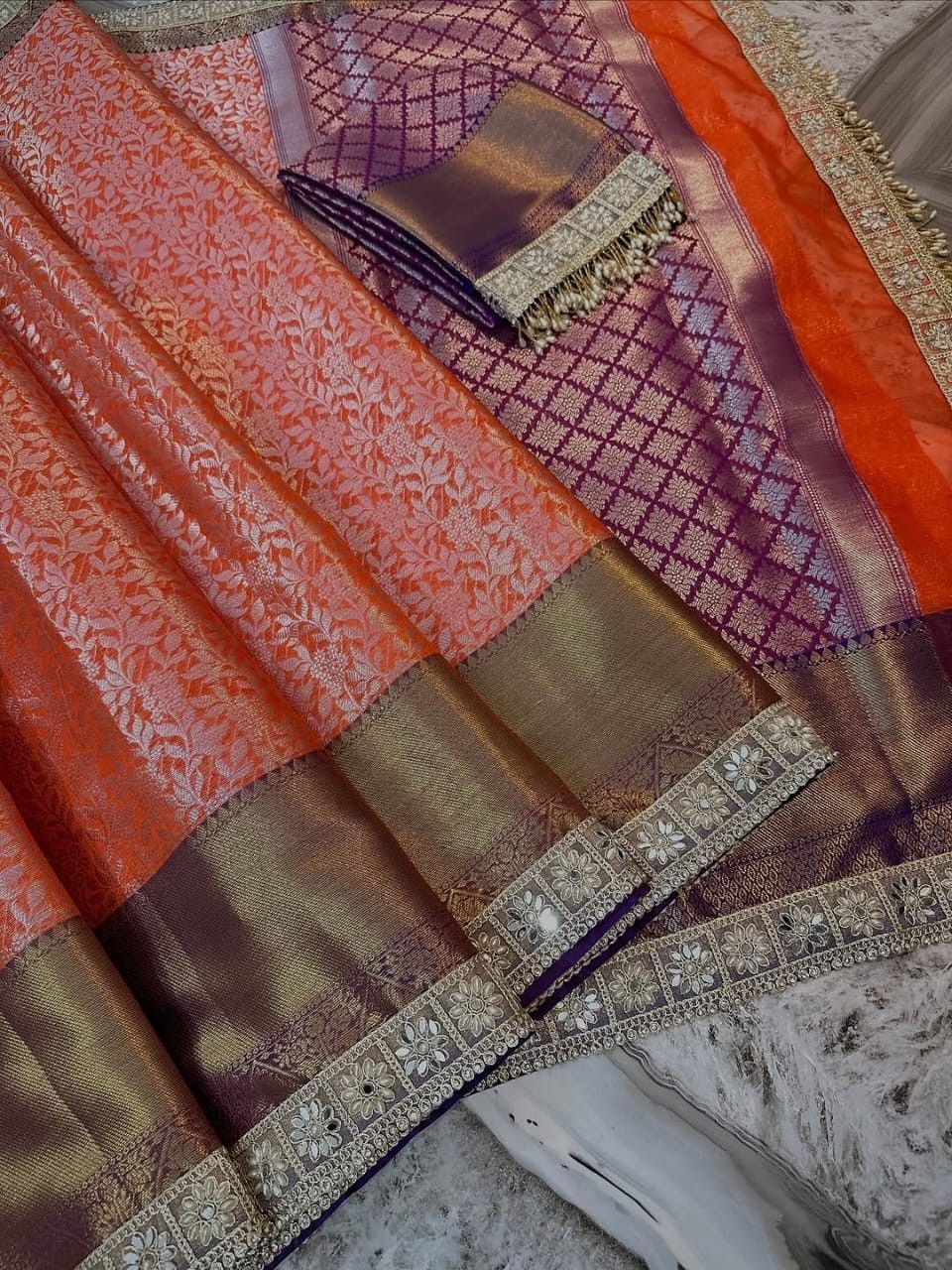 Indian Designer Tissue Silk Saree Banarasi Zari Weaving Fancy Lace Border Sari