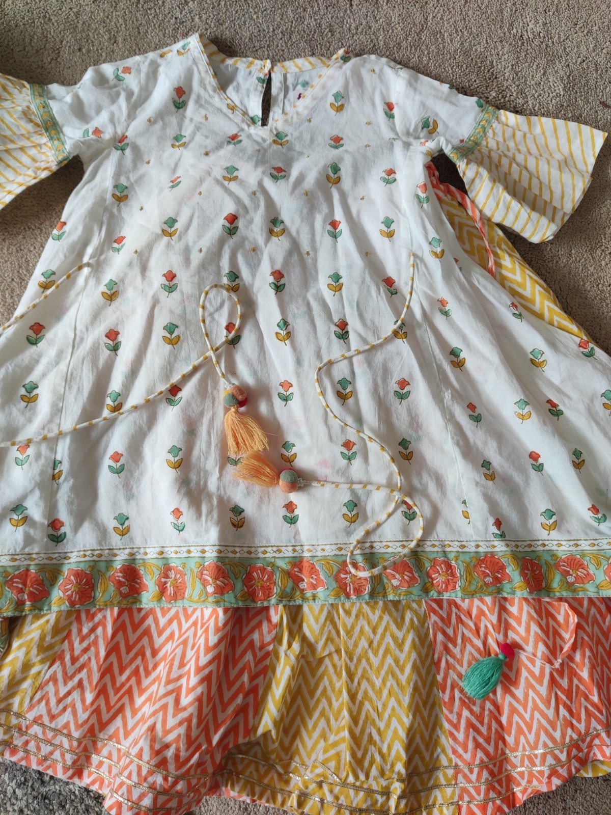 Light Summer Cotton Girls Indian Lehnga Set White Orange Yellow Green 2-3 YRS