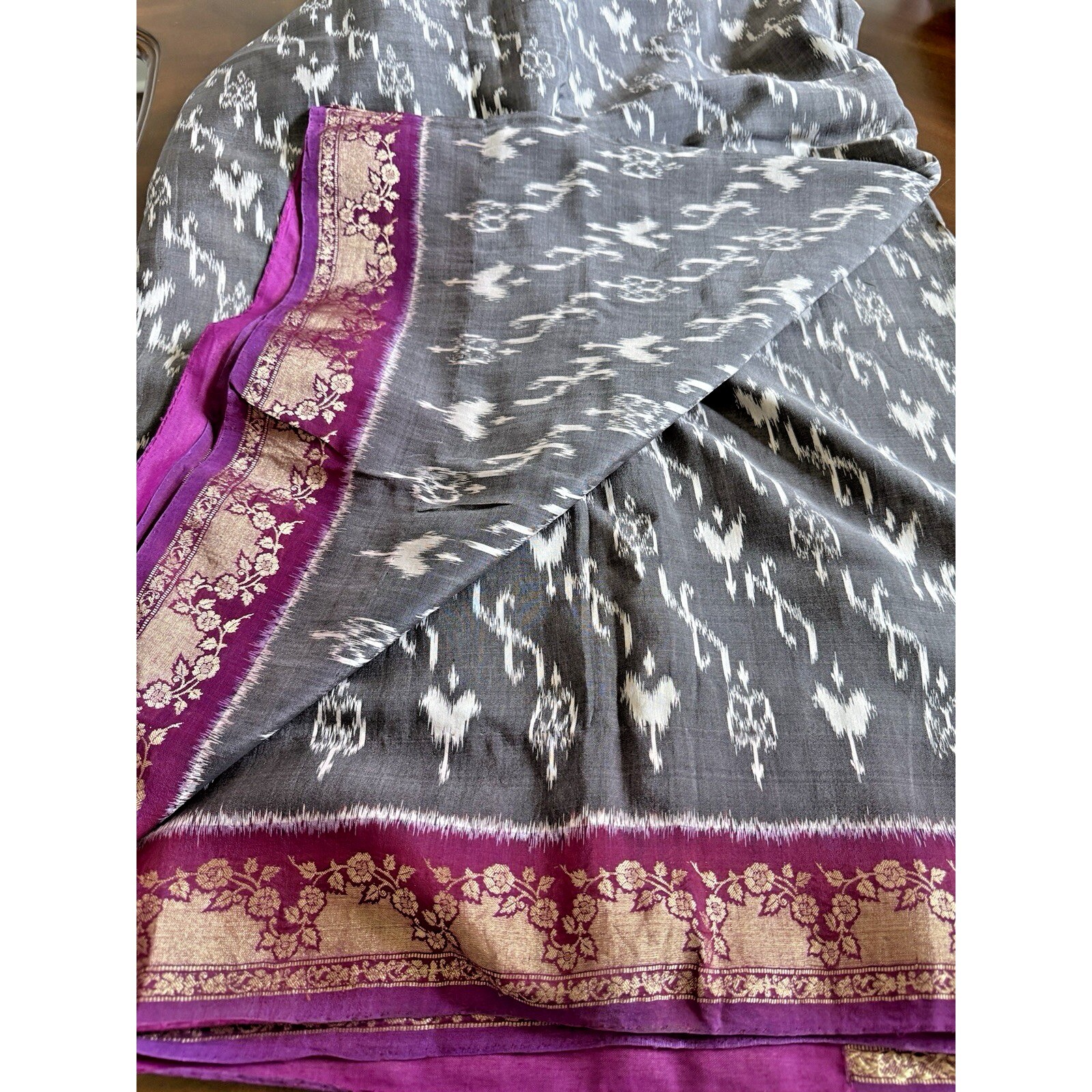 Indian WOMENS PRE-OWNED VINTAGE Gray/PURPLE TUSSAR SILK SAREE SARI FABRIC/CRAFTS