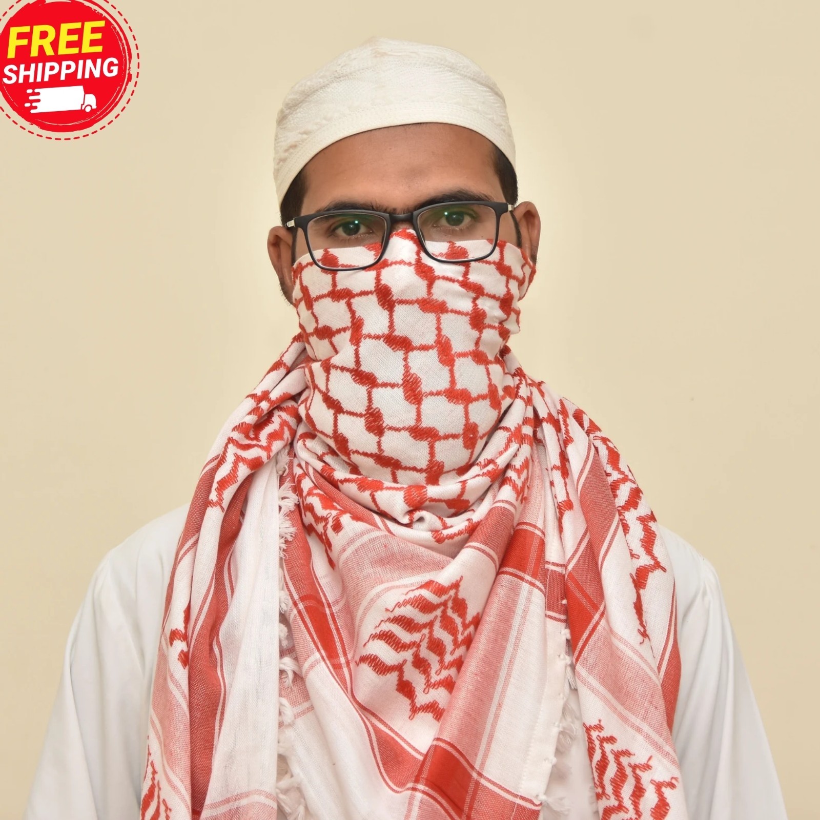Red White Palestinian Keffiyeh Scarf Cotton Arab Kufiya 48×48