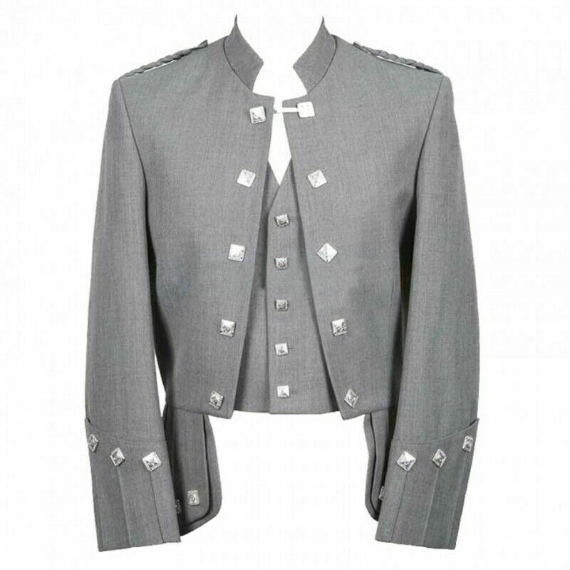 Grey Scottish Sheriffmuir Doublet Kilt Jacket with 5 Button Highland Waistcoat