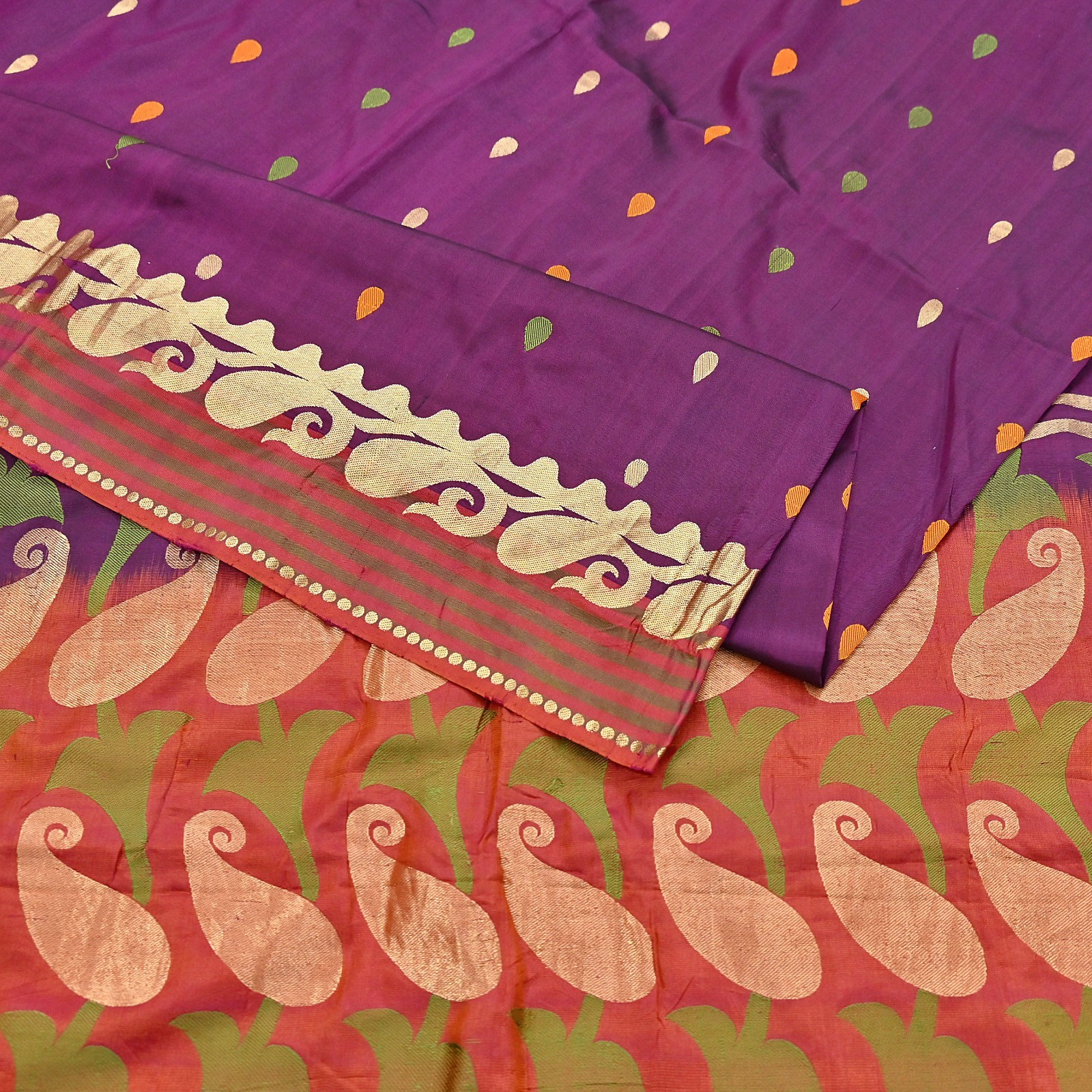 Indian Vintage Heavy Sari Purple & Orange Hand Woven Sarees 100% Pure Silk Zari