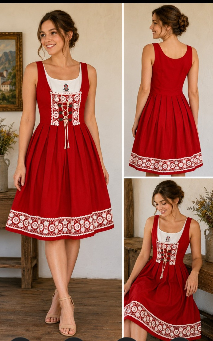 Vintage Salzburger Trachten Red Austrian Dirndl Dress Embroidered EU 42 XS